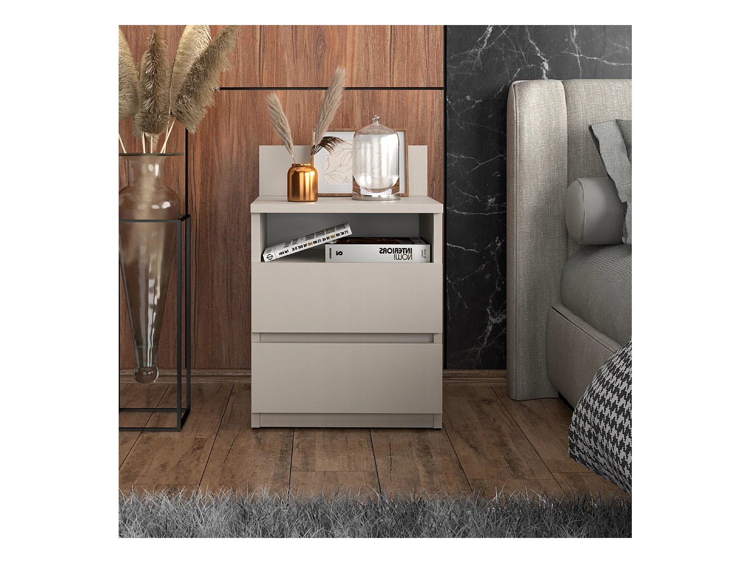 Table de chevet cachemire /taupe, 40 cm, 2 tiroirs, meuble de nuit pour chambre à coucher