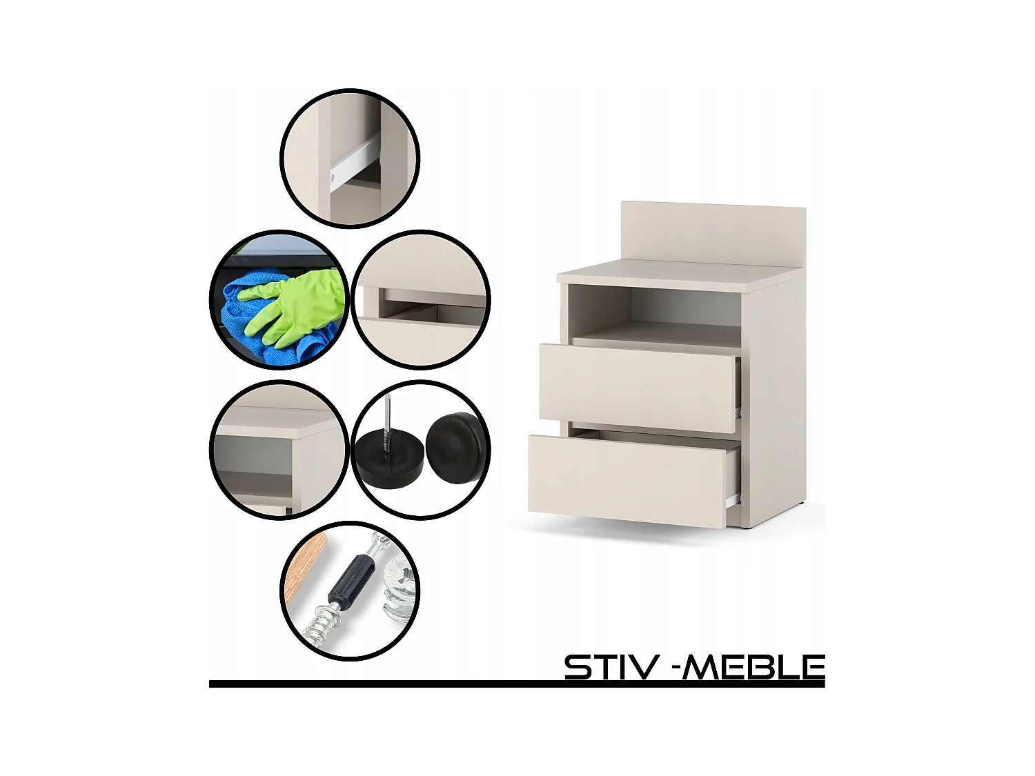 Table de chevet cachemire /taupe, 40 cm, 2 tiroirs, meuble de nuit pour chambre à coucher