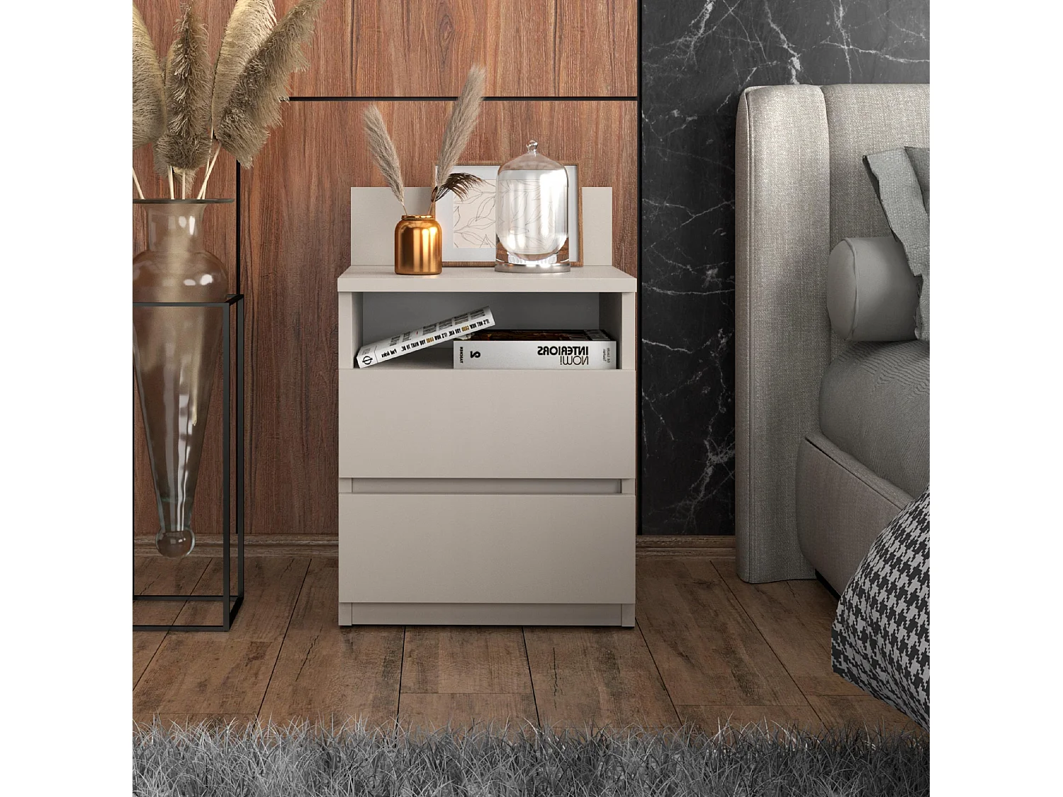 Table de chevet cachemire /taupe, 40 cm, 2 tiroirs, meuble de nuit pour chambre à coucher