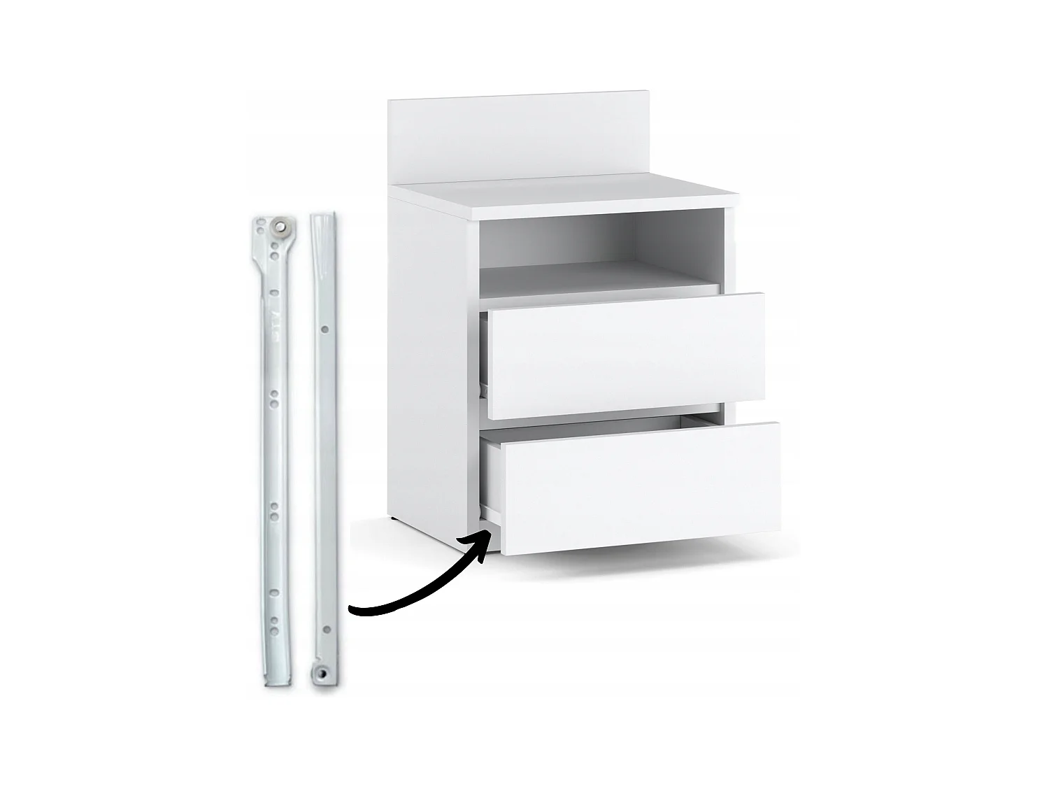 Table de chevet coloris Blanc Mat 40 cm – 2 tiroirs + étagère, meuble de nuit pour chambre à coucher