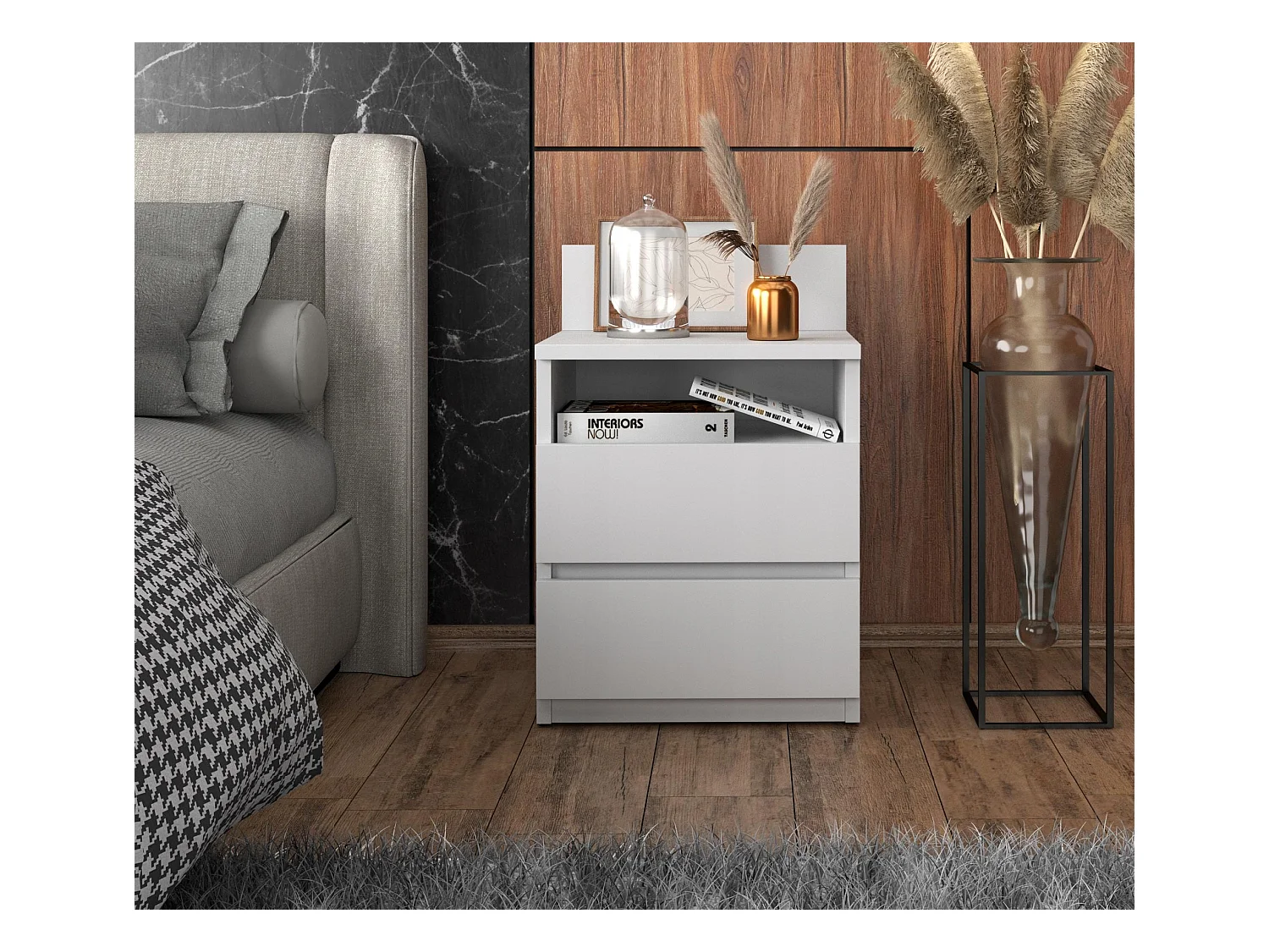 Table de chevet coloris Blanc Mat 40 cm – 2 tiroirs + étagère, meuble de nuit pour chambre à coucher