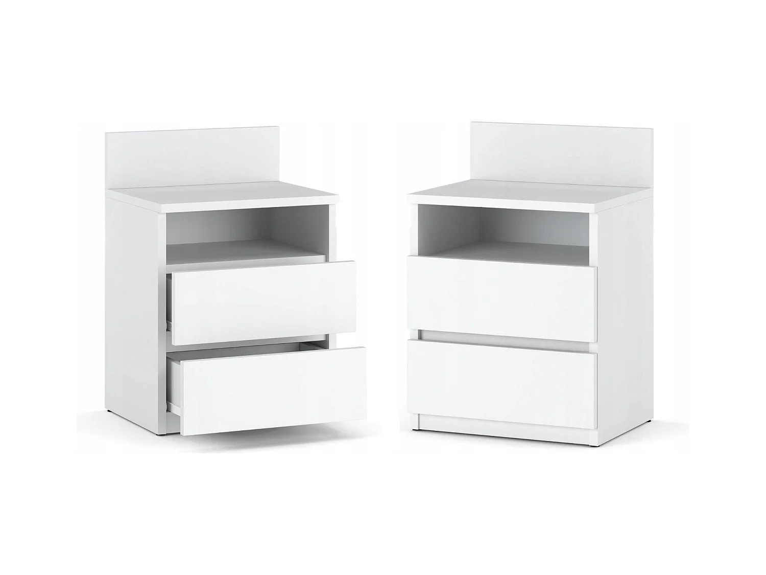 Table de chevet coloris Blanc Mat 40 cm – 2 tiroirs + étagère, meuble de nuit pour chambre à coucher