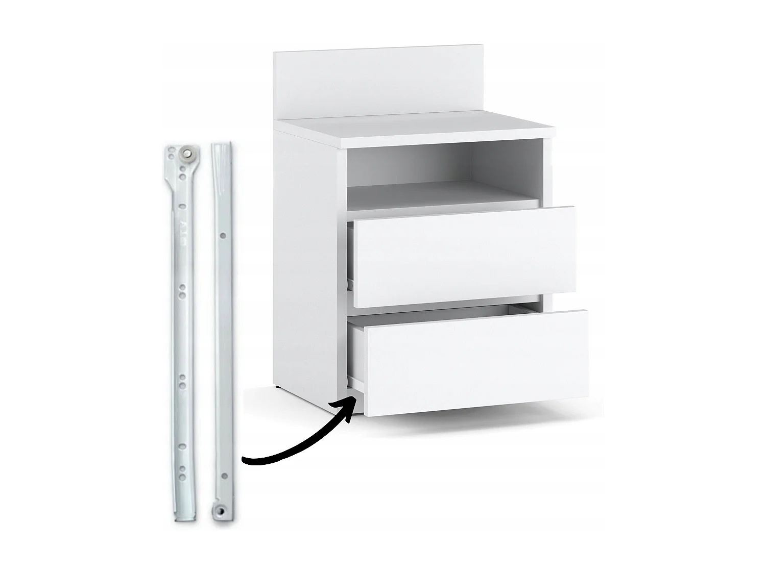 Table de chevet coloris Blanc Mat 40 cm – 2 tiroirs + étagère, meuble de nuit pour chambre à coucher