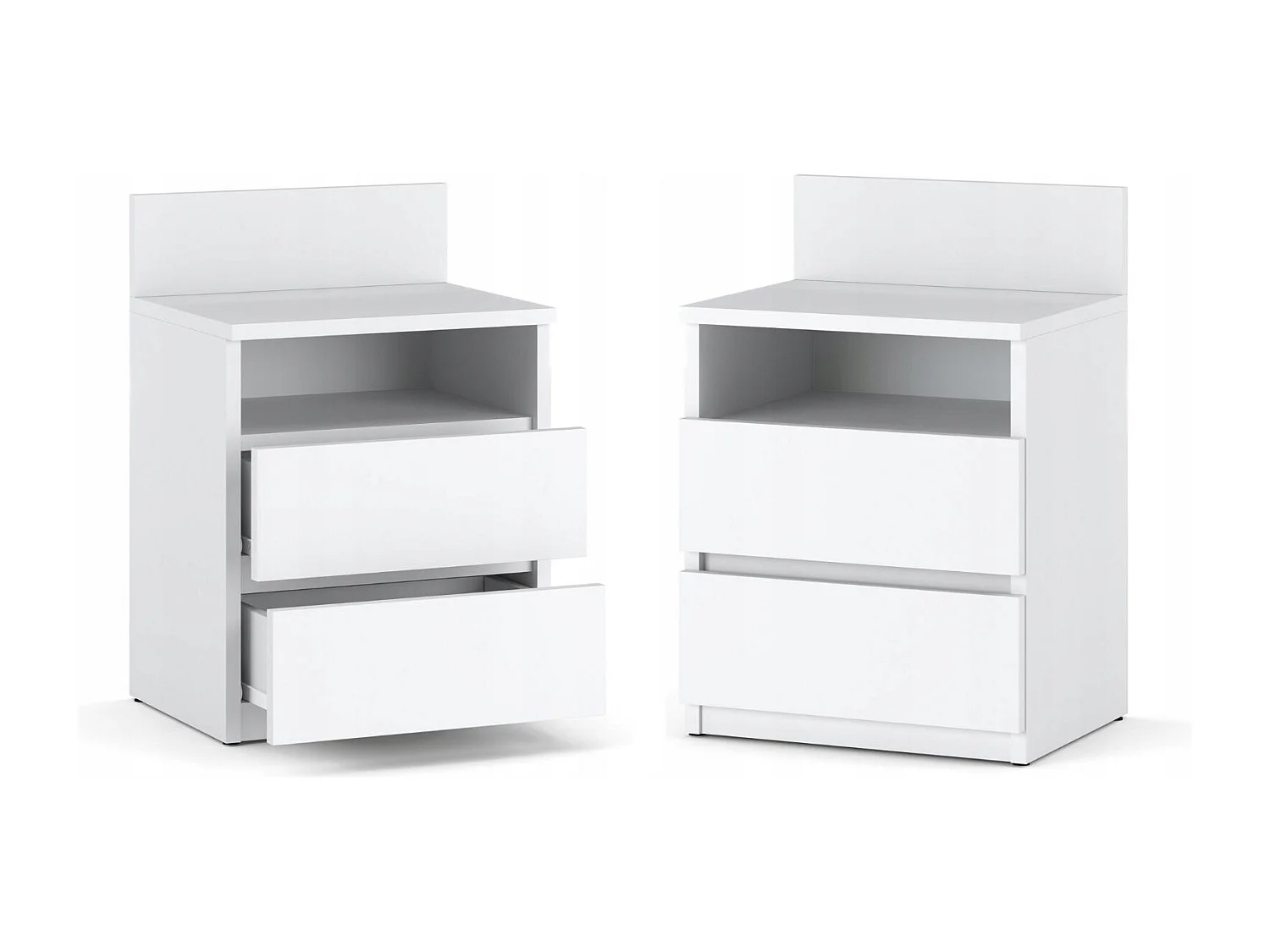 Table de chevet coloris Blanc Mat 40 cm – 2 tiroirs + étagère, meuble de nuit pour chambre à coucher