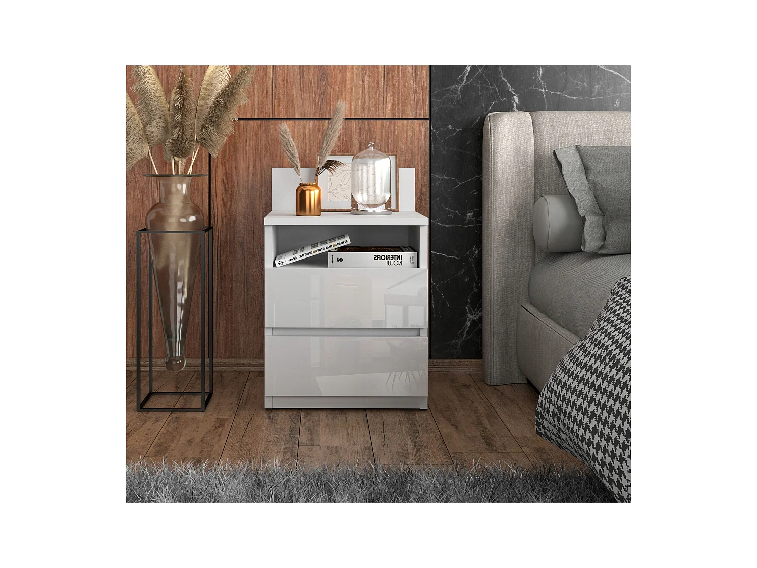 Table de chevet Blanc brillant - 40 cm – 2 tiroirs + étagère, meuble de nuit pour chambre à coucher