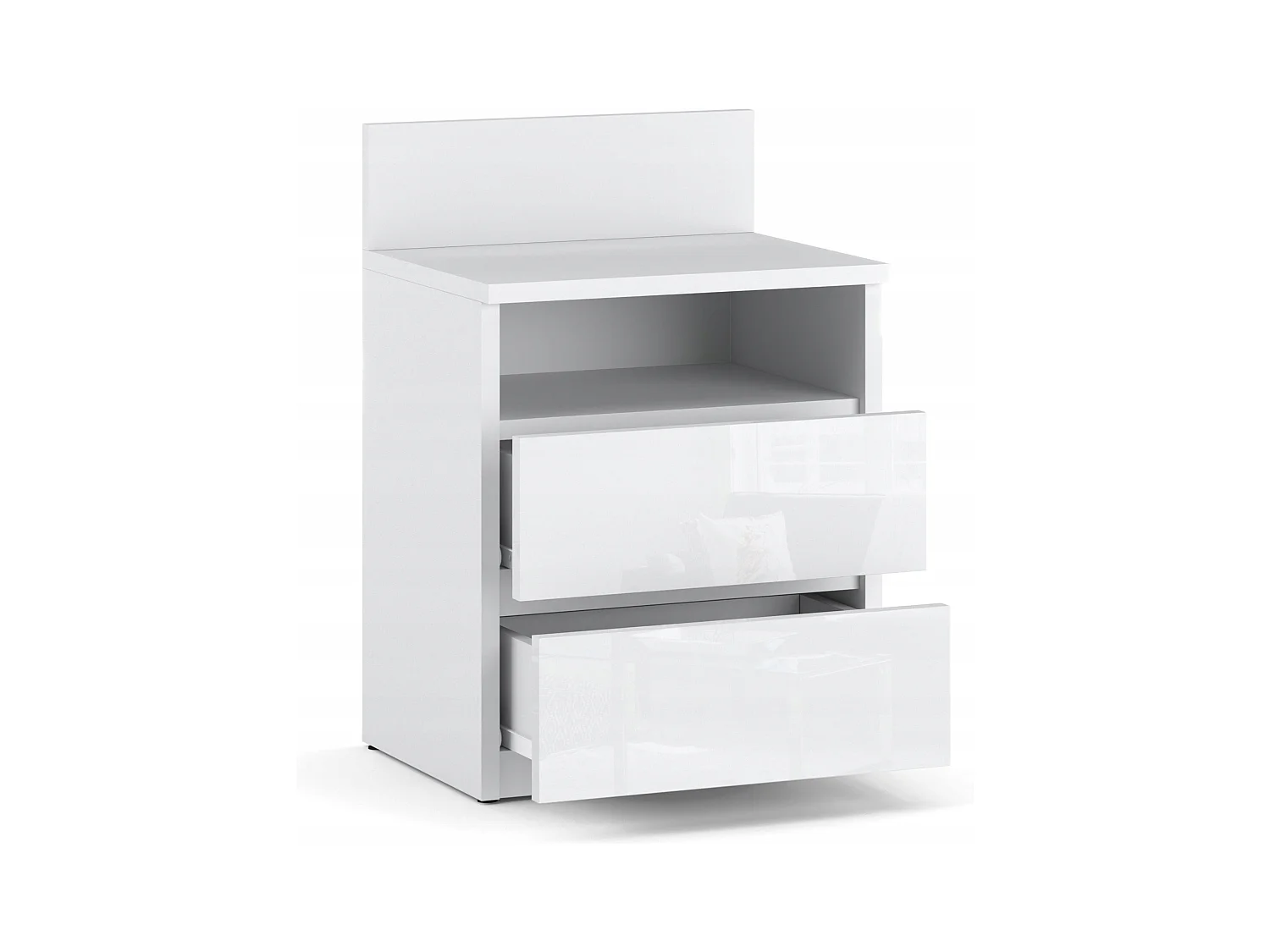 Table de chevet Blanc brillant - 40 cm – 2 tiroirs + étagère, meuble de nuit pour chambre à coucher