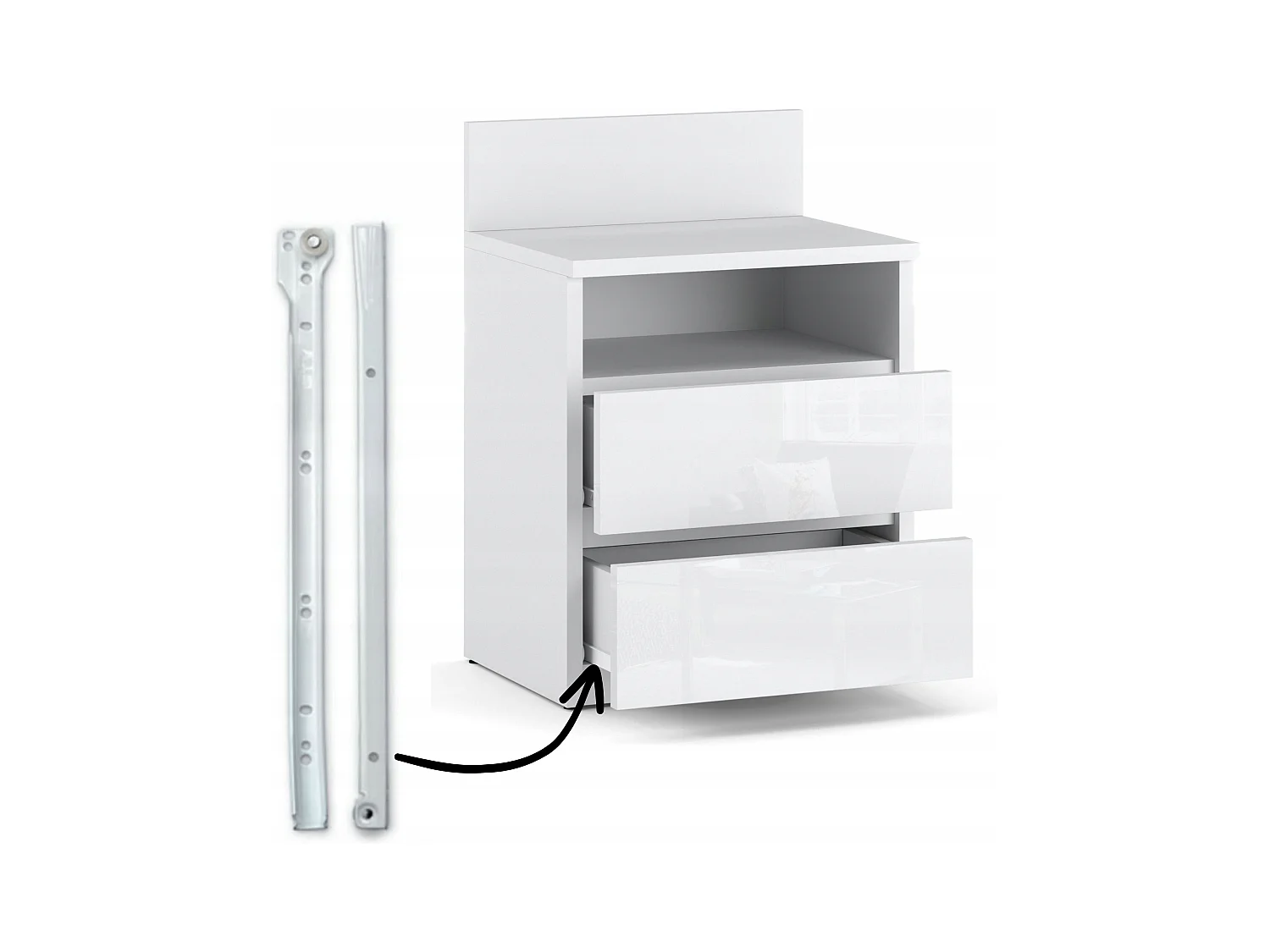 Table de chevet Blanc brillant - 40 cm – 2 tiroirs + étagère, meuble de nuit pour chambre à coucher