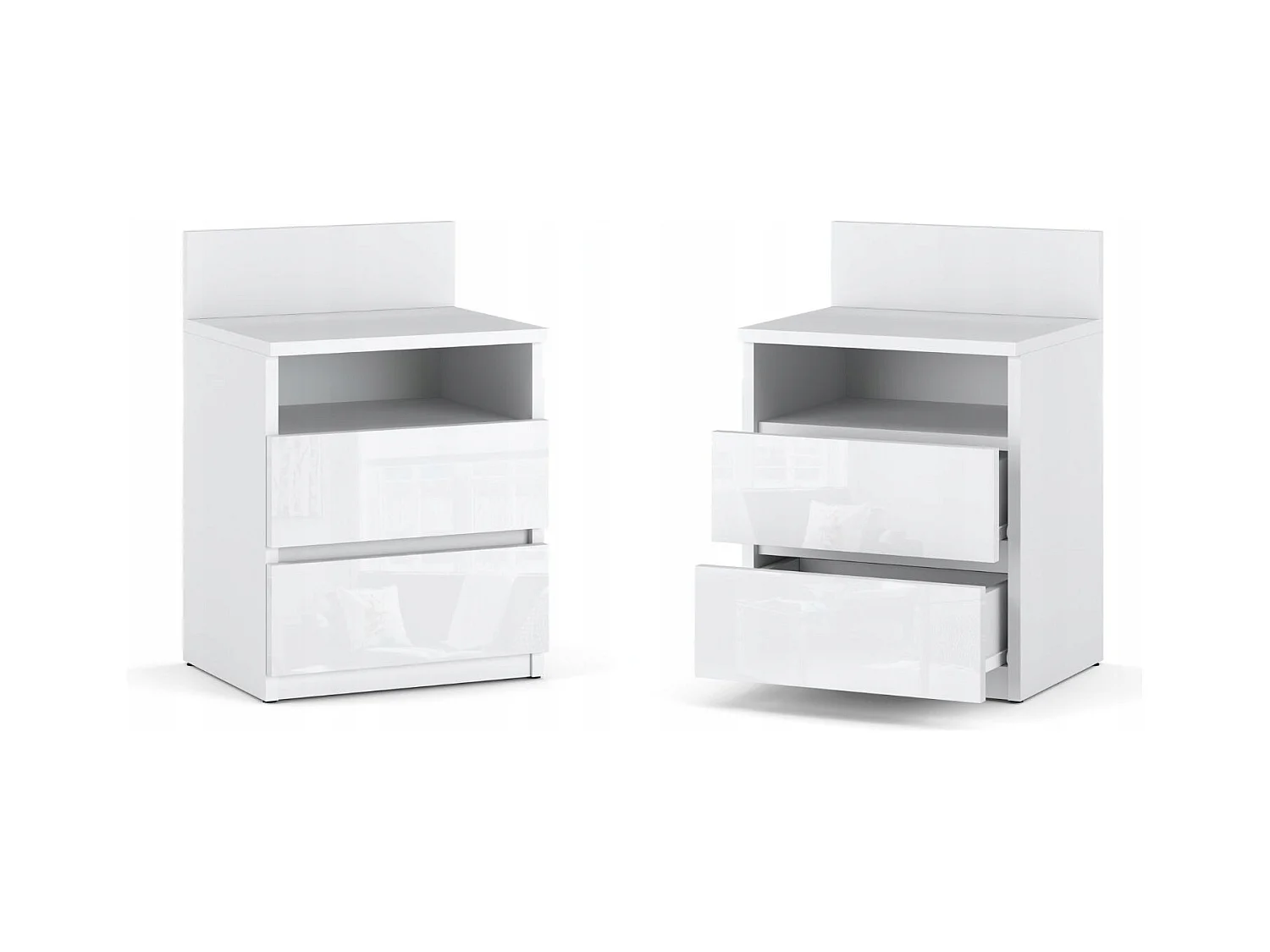 Table de chevet Blanc brillant - 40 cm – 2 tiroirs + étagère, meuble de nuit pour chambre à coucher