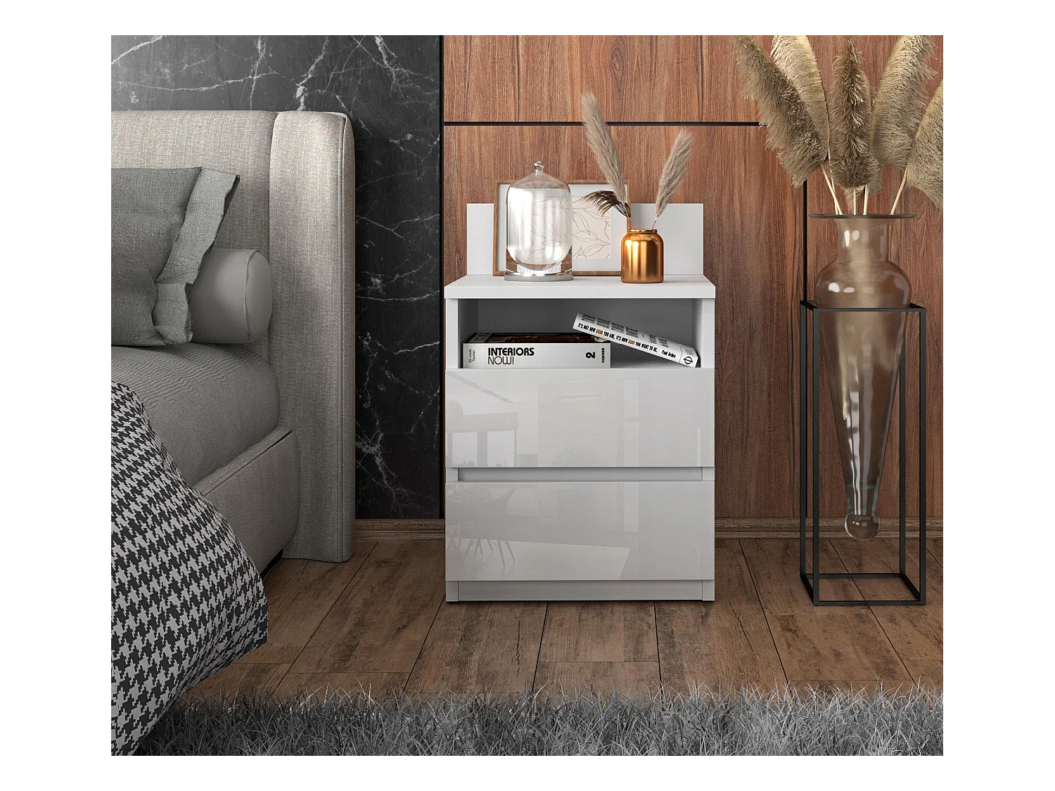 Table de chevet Blanc brillant - 40 cm – 2 tiroirs + étagère, meuble de nuit pour chambre à coucher