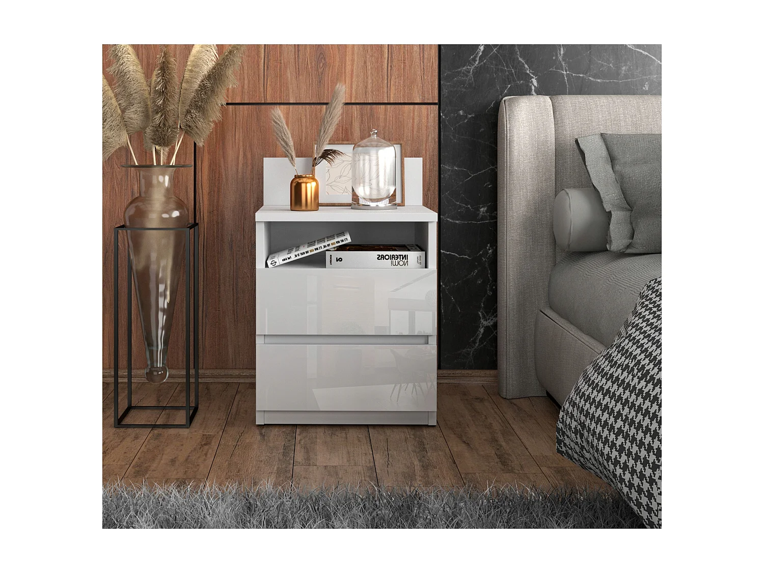 Table de chevet Blanc brillant - 40 cm – 2 tiroirs + étagère, meuble de nuit pour chambre à coucher