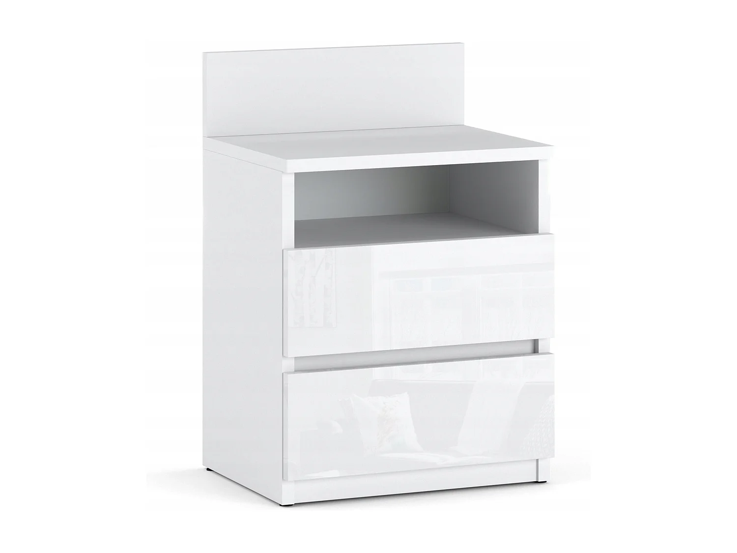 Table de chevet Blanc brillant - 40 cm – 2 tiroirs + étagère, meuble de nuit pour chambre à coucher
