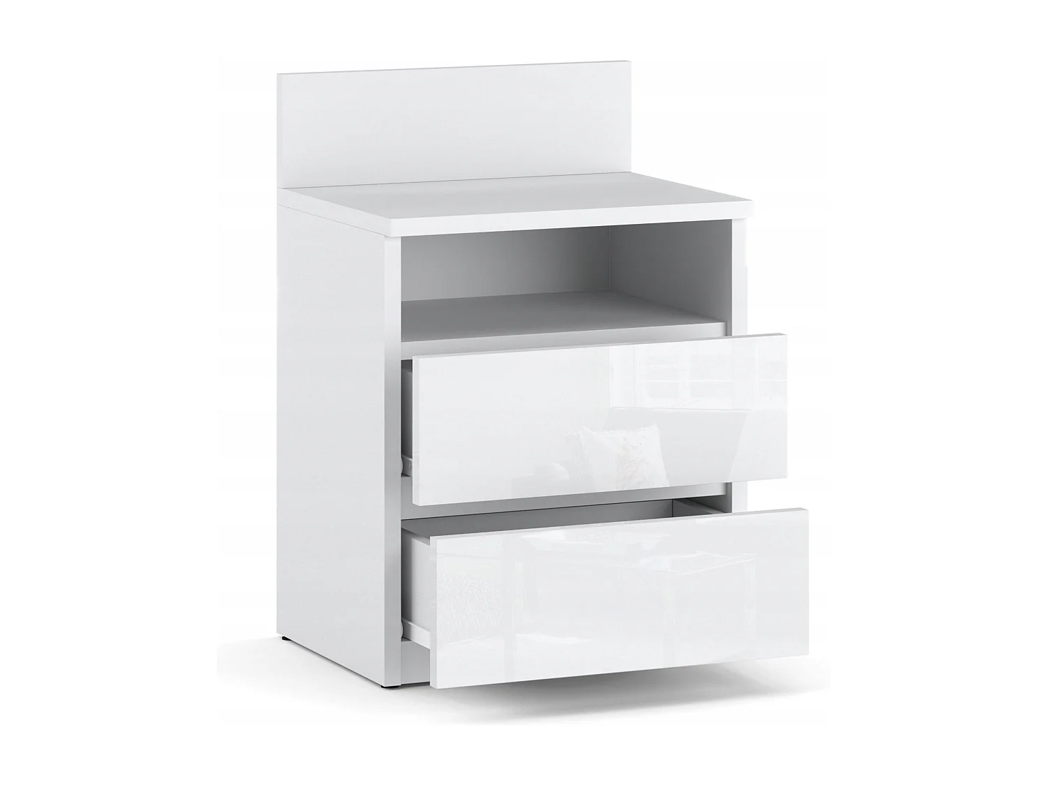 Table de chevet Blanc brillant - 40 cm – 2 tiroirs + étagère, meuble de nuit pour chambre à coucher