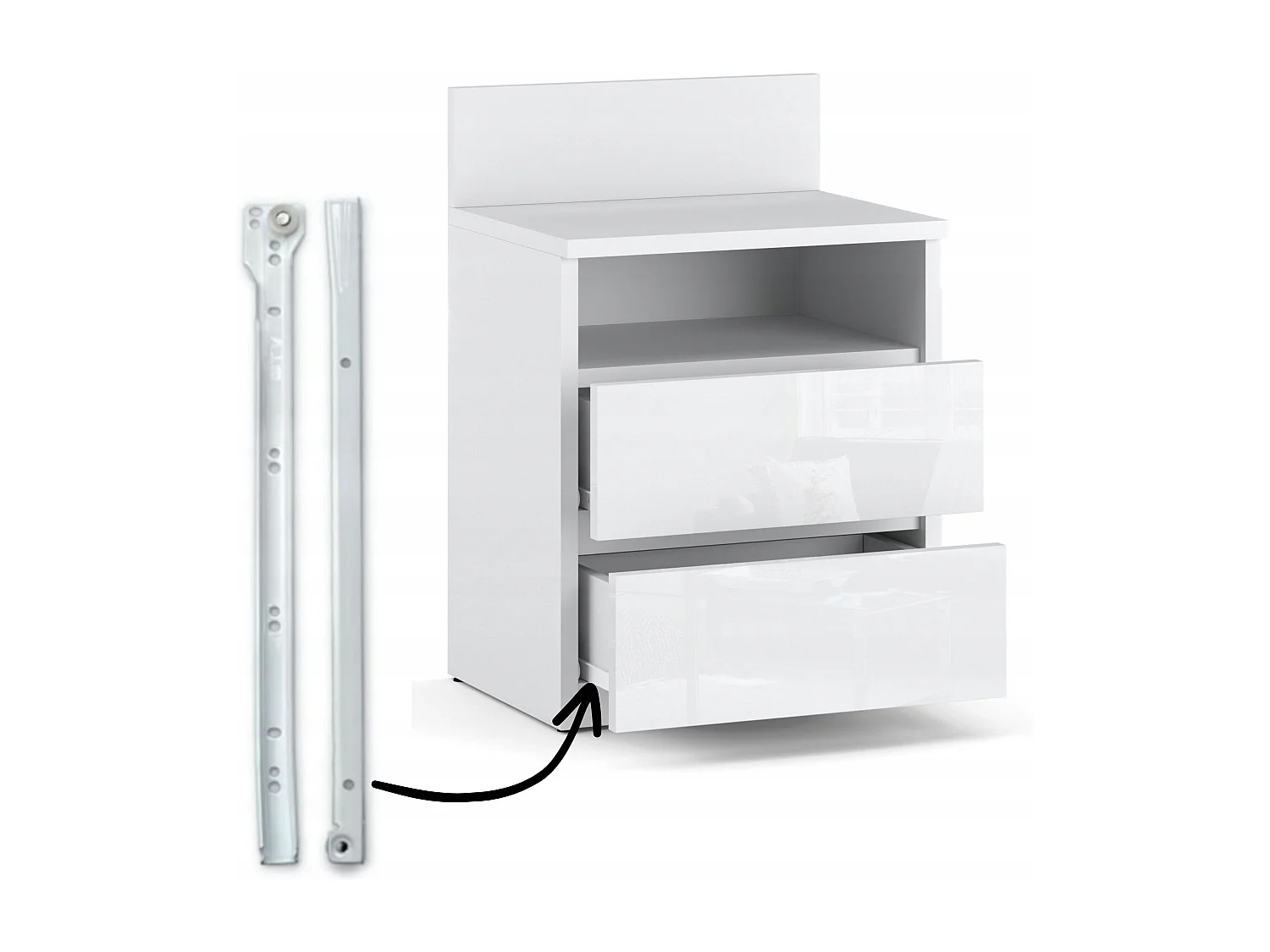 Table de chevet Blanc brillant - 40 cm – 2 tiroirs + étagère, meuble de nuit pour chambre à coucher