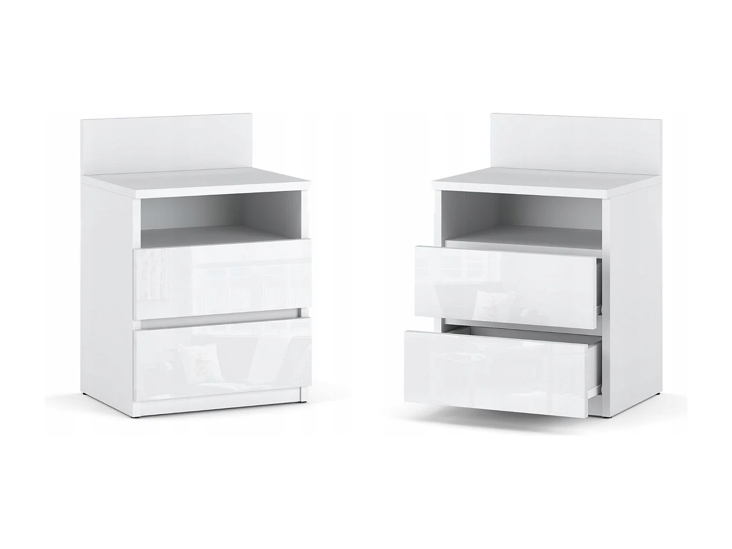 Table de chevet Blanc brillant - 40 cm – 2 tiroirs + étagère, meuble de nuit pour chambre à coucher