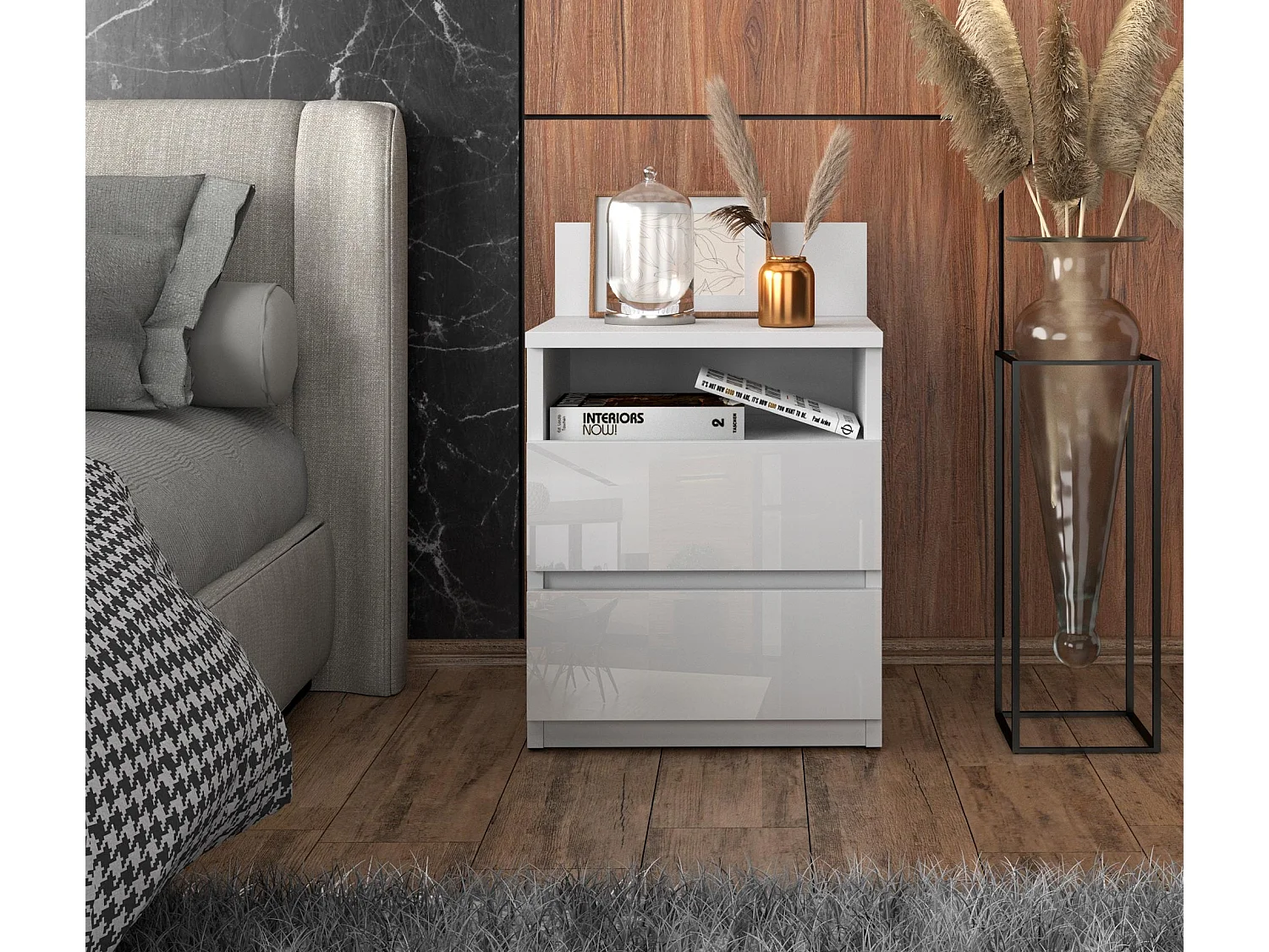 Table de chevet Blanc brillant - 40 cm – 2 tiroirs + étagère, meuble de nuit pour chambre à coucher