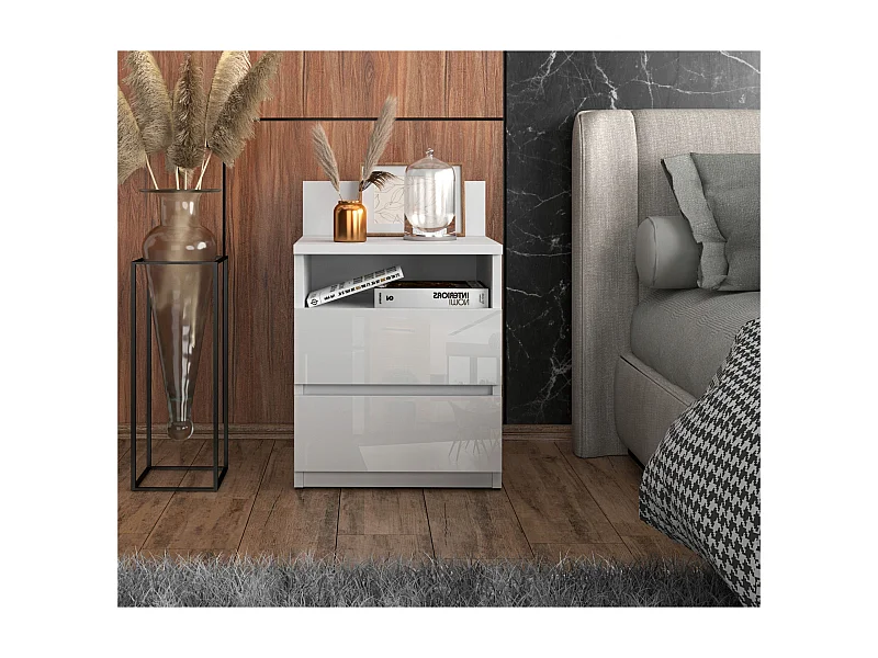 Table de chevet Blanc brillant - 40 cm – 2 tiroirs + étagère, meuble de nuit pour chambre à coucher