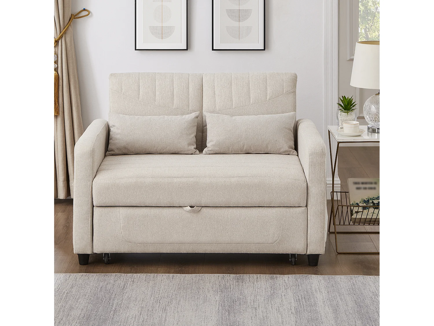 Sofá convertible con reposabrazos, respaldo ajustable y bolsillos laterales - Lino Beige