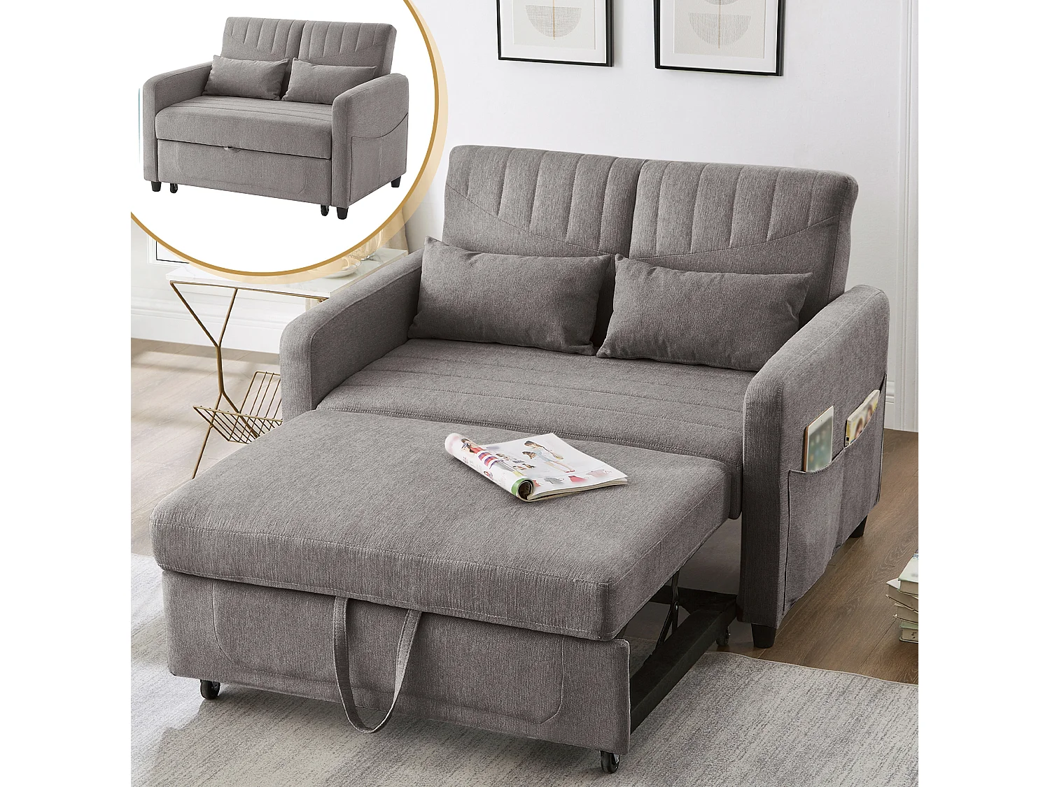 Wandbares Sofa mit Armlehnen, verstellbarer Rückenlehne und Seitentaschen – Graues Leinen