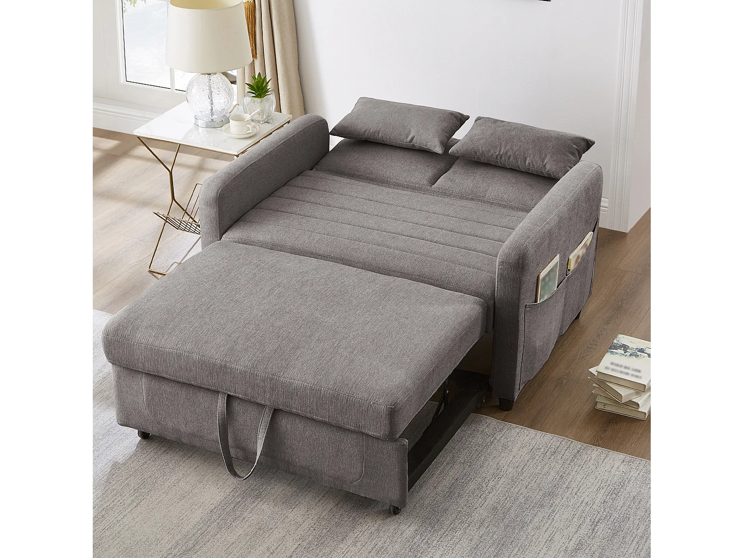 Wandbares Sofa mit Armlehnen, verstellbarer Rückenlehne und Seitentaschen – Graues Leinen