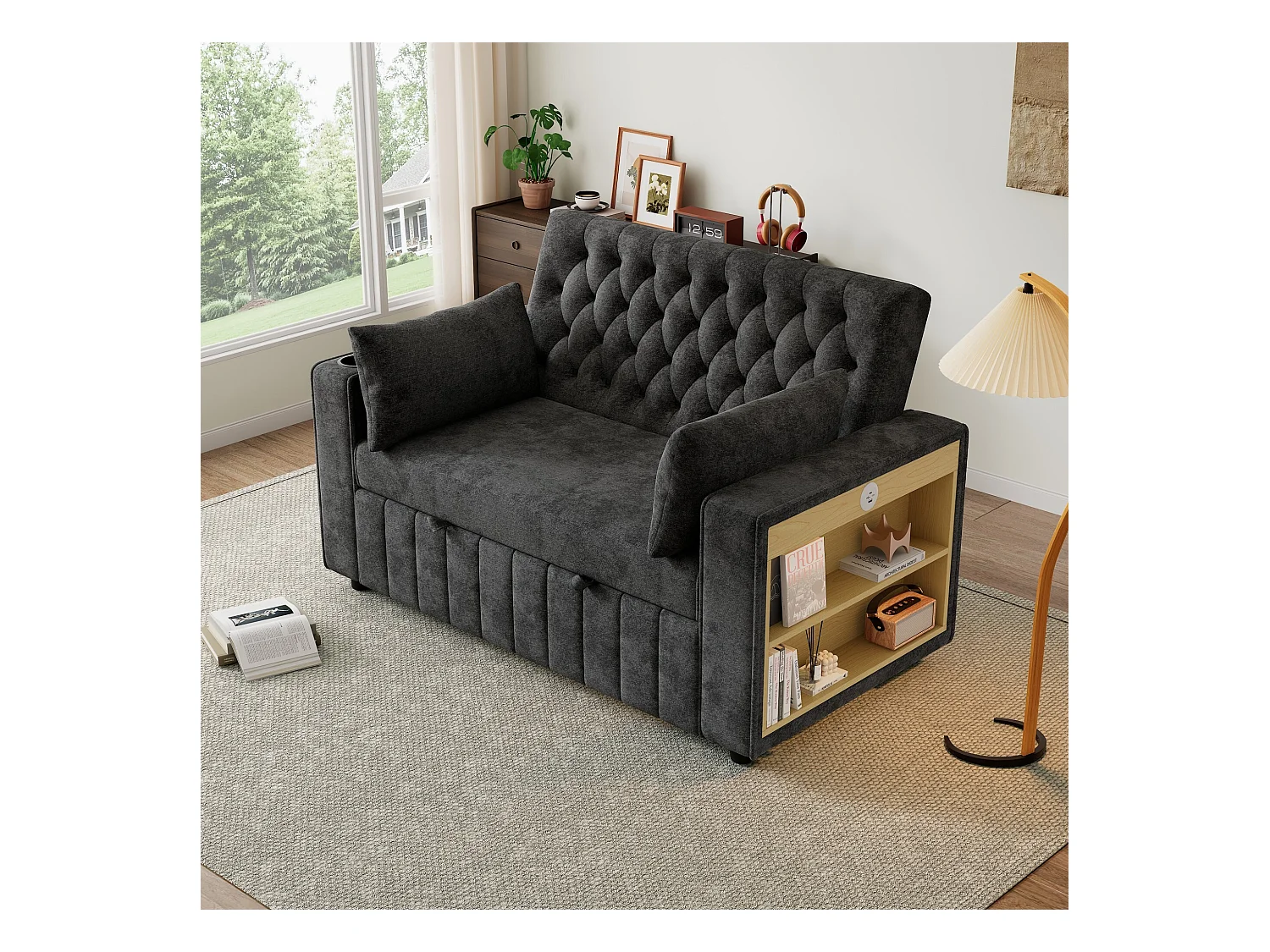 Canapé convertible avec porte-gobelets, étagères de rangement et ports USB - Chenille gris foncé
