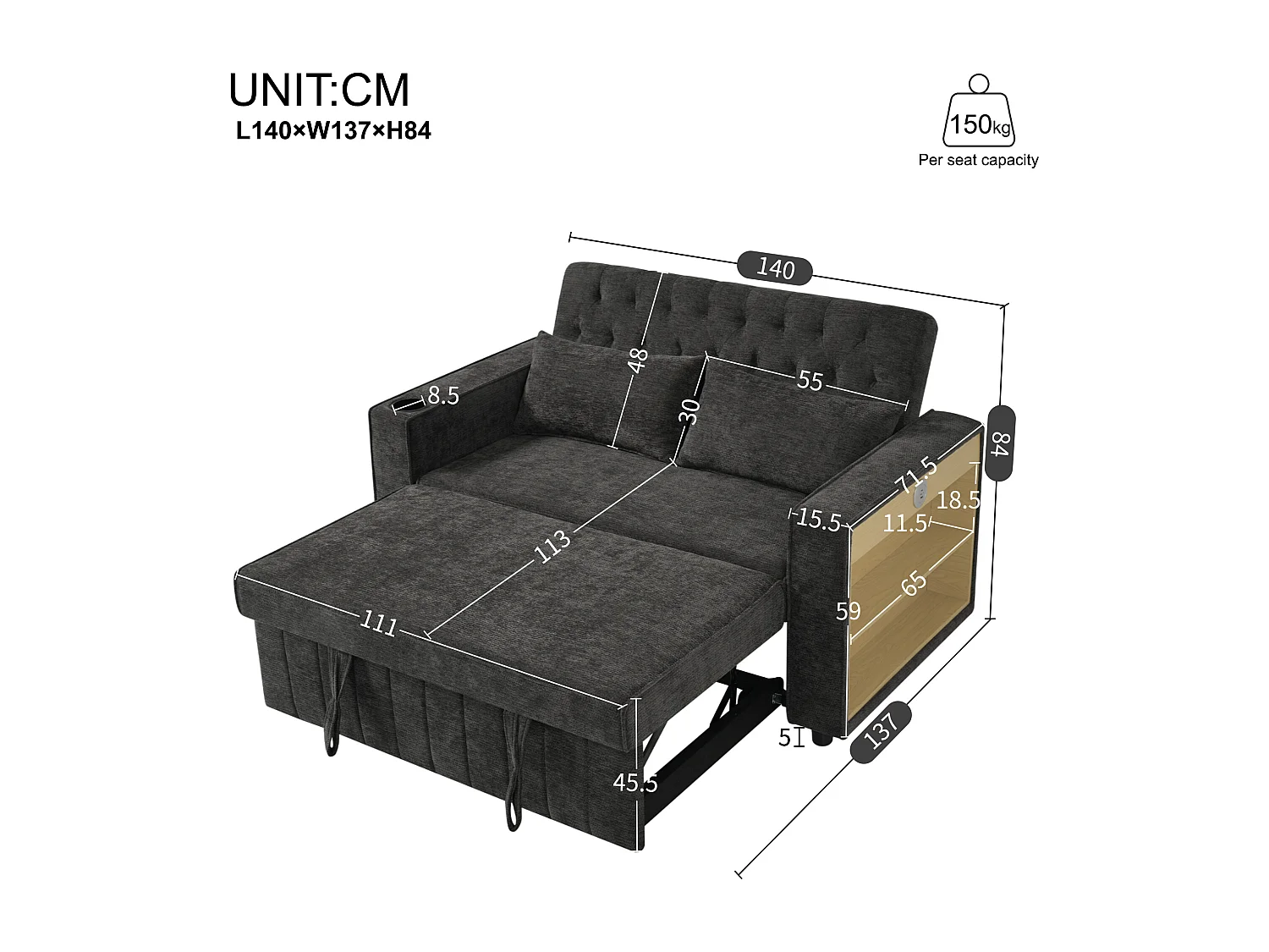 Divano trasformabile con portabicchieri, ripiani contenitore e porte USB - ciniglia grigio scuro