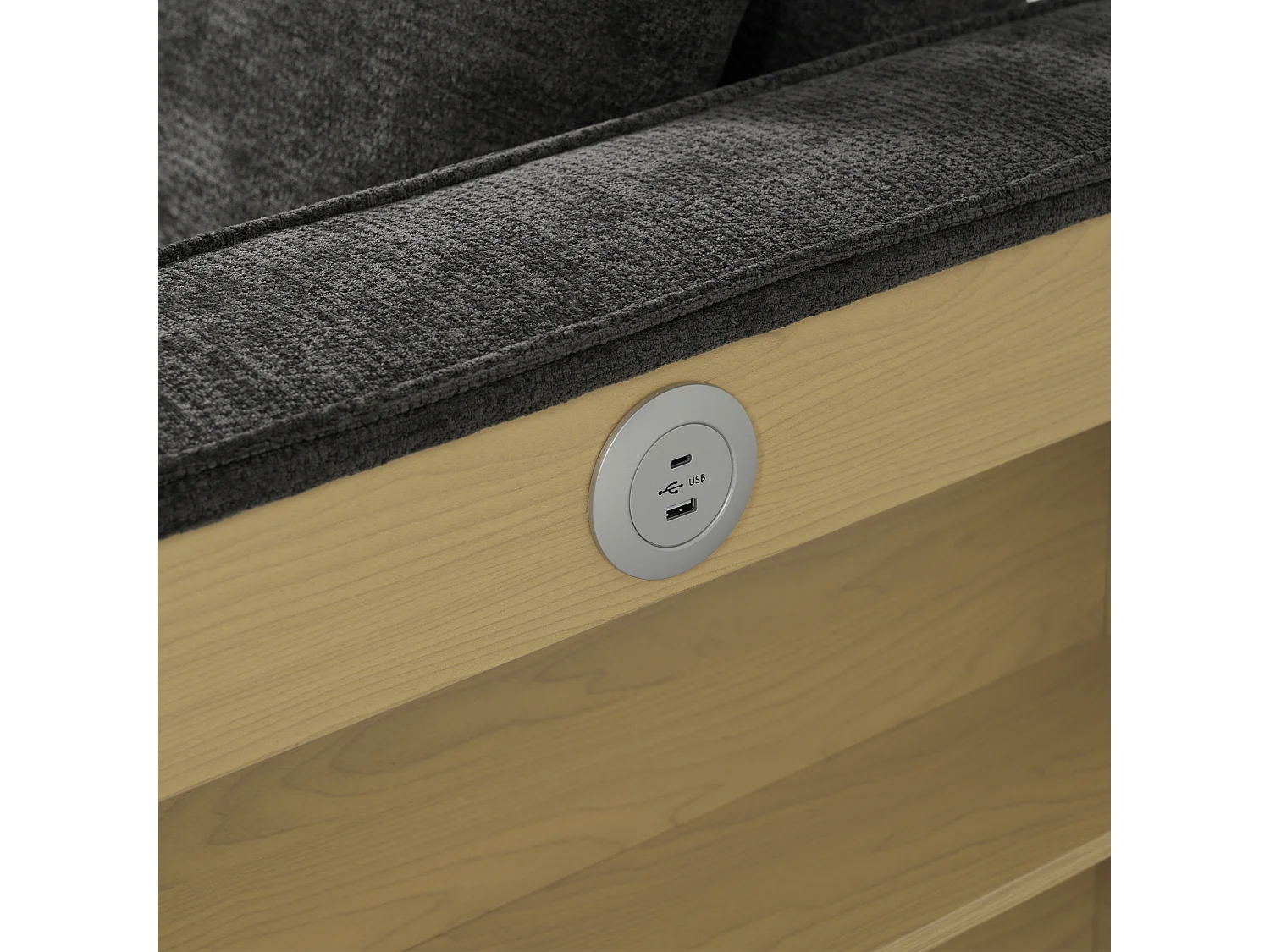 Divano trasformabile con portabicchieri, ripiani contenitore e porte USB - ciniglia grigio scuro