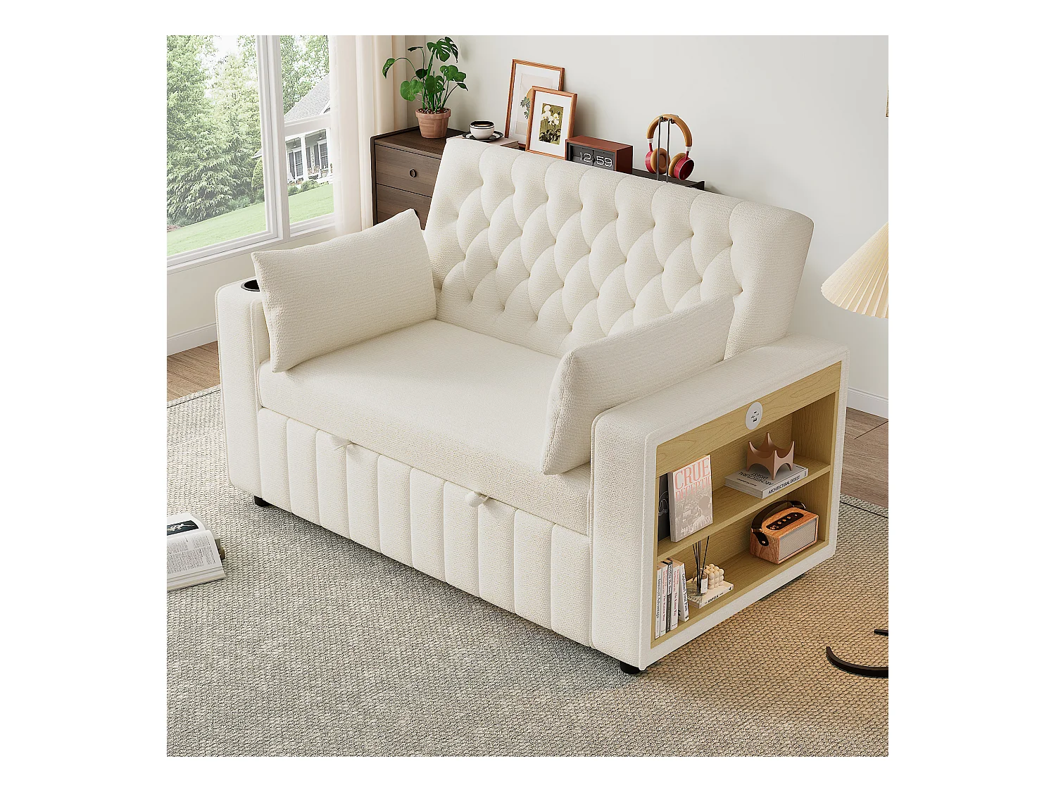 Canapé convertible avec porte-gobelets, étagères de rangement et ports USB - Chenille beige