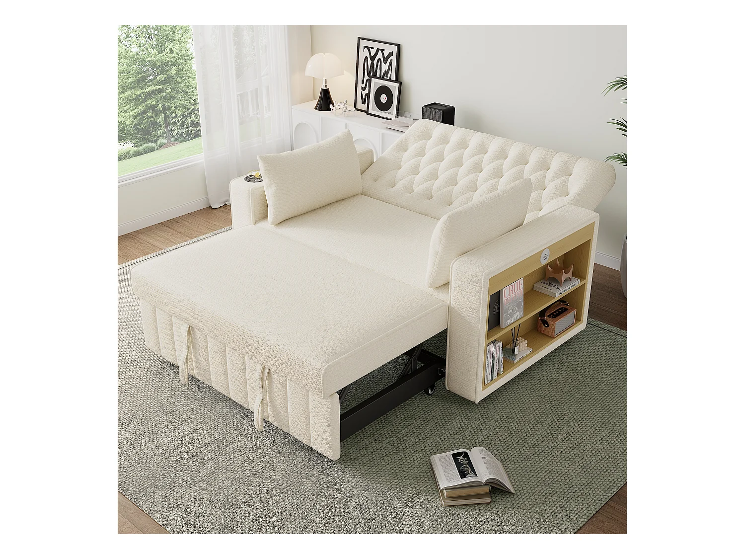 Canapé convertible avec porte-gobelets, étagères de rangement et ports USB - Chenille beige