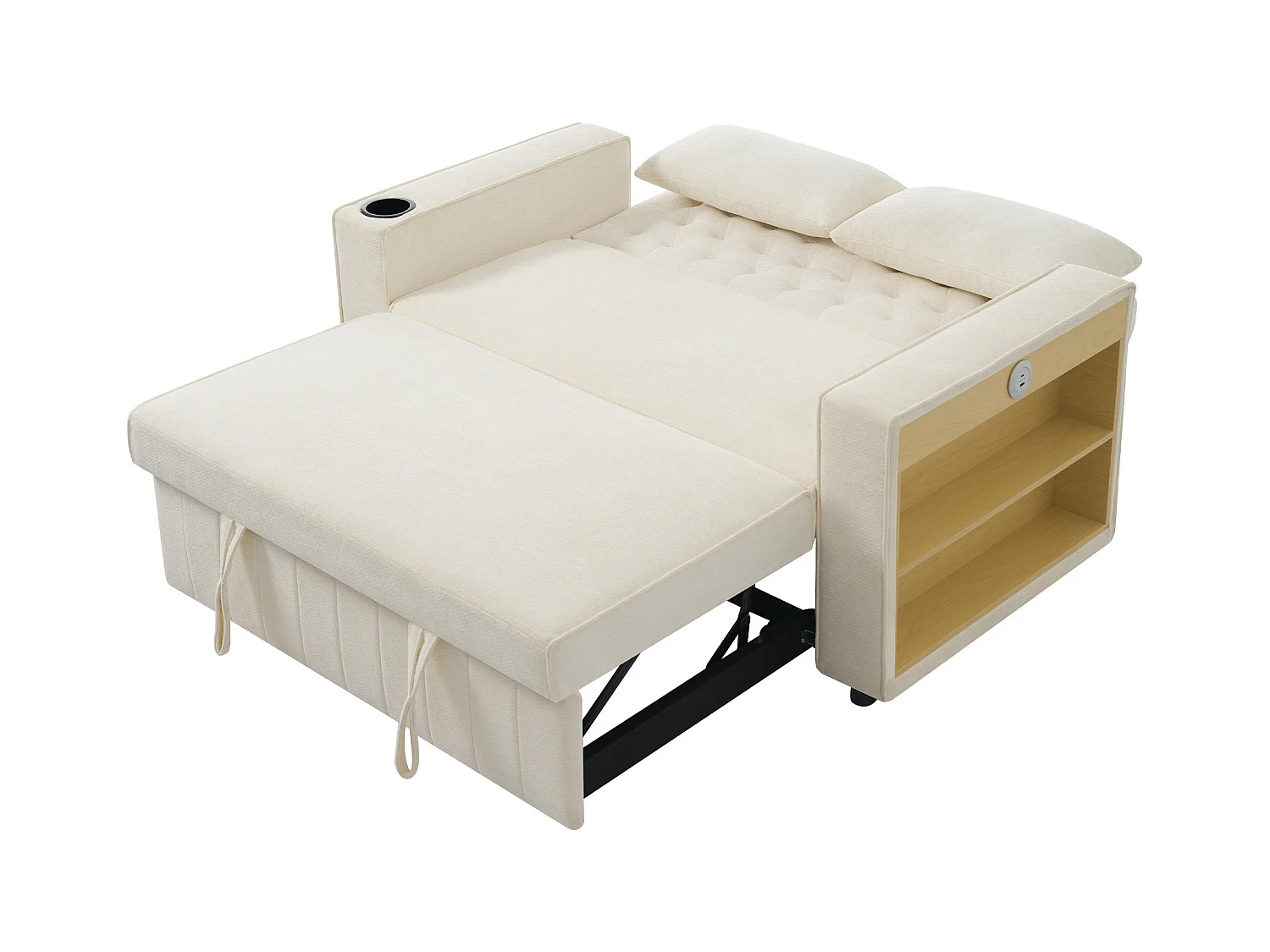 Canapé convertible avec porte-gobelets, étagères de rangement et ports USB - Chenille beige