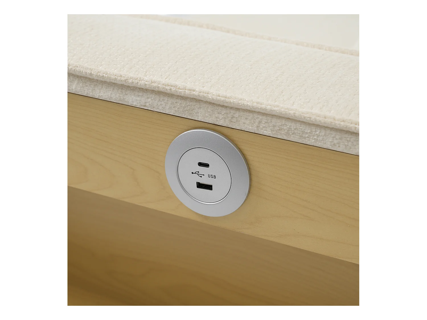 Canapé convertible avec porte-gobelets, étagères de rangement et ports USB - Chenille beige