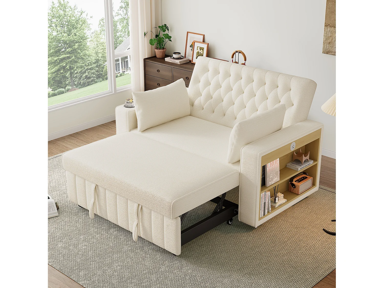 Divano trasformabile con portabicchieri, ripiani contenitore e porte USB - ciniglia beige