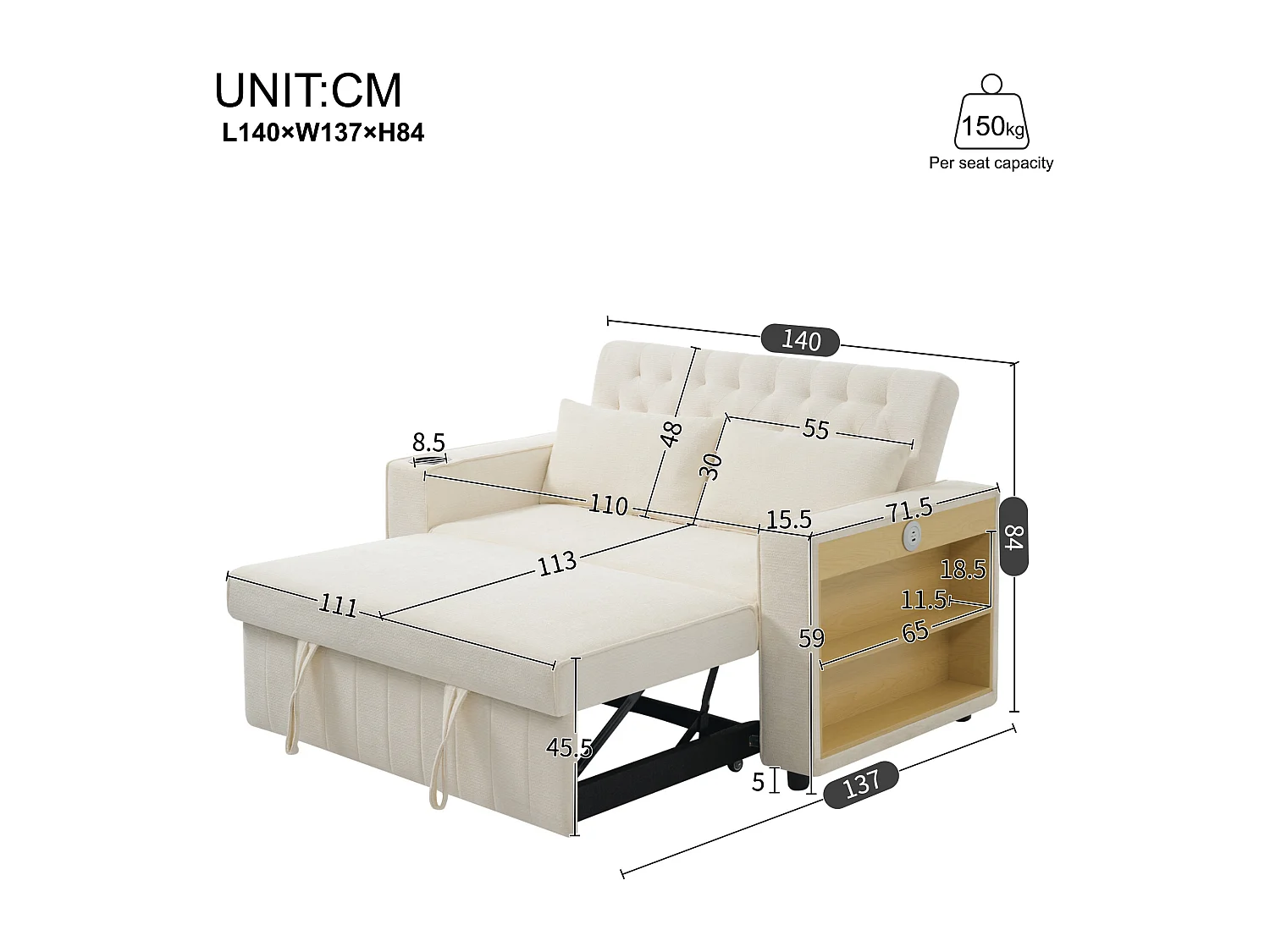 Divano trasformabile con portabicchieri, ripiani contenitore e porte USB - ciniglia beige