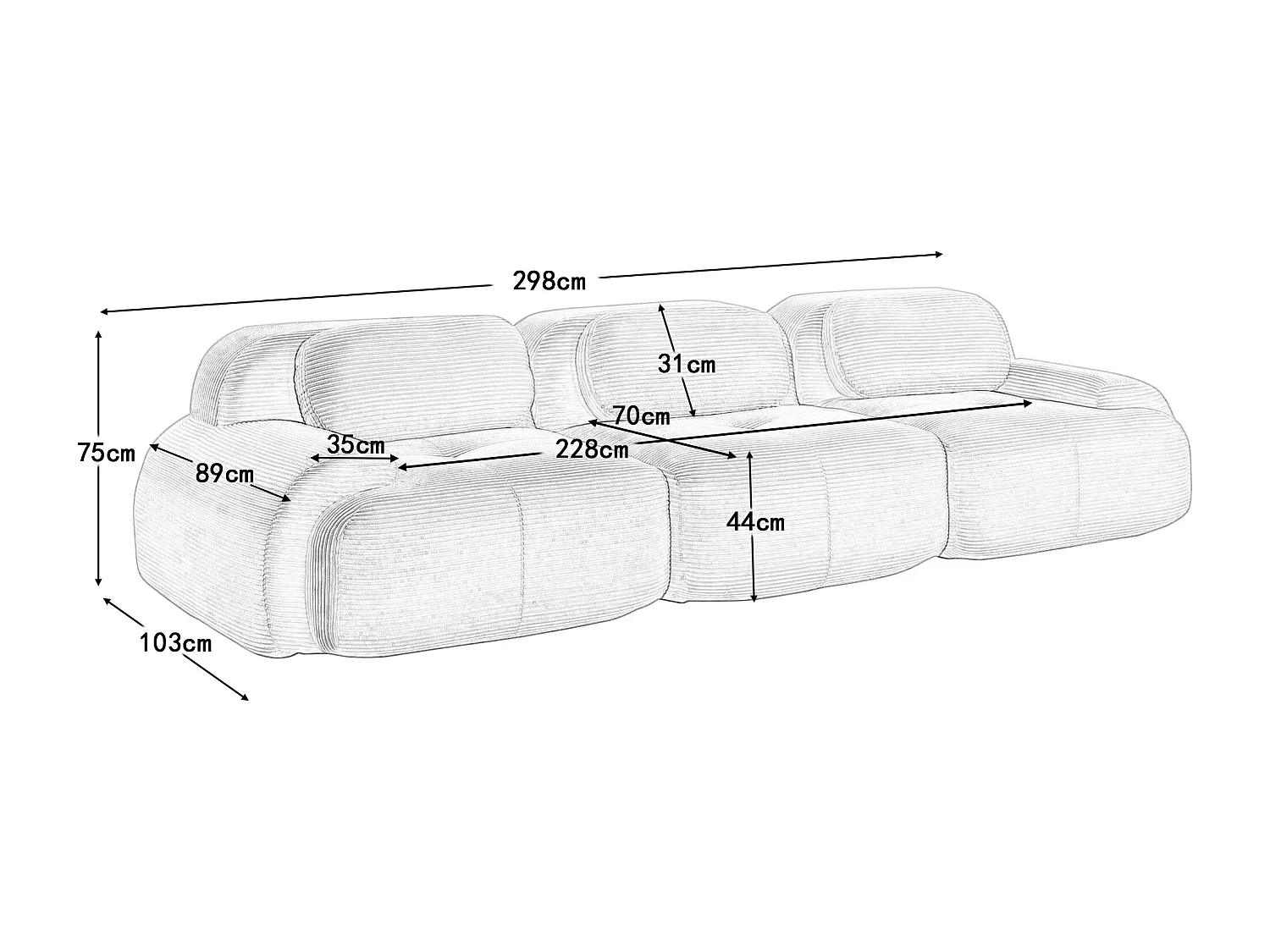 Sofá 3 plazas con respaldo y reposabrazos acolchados, pana beige - para salón y dormitorio