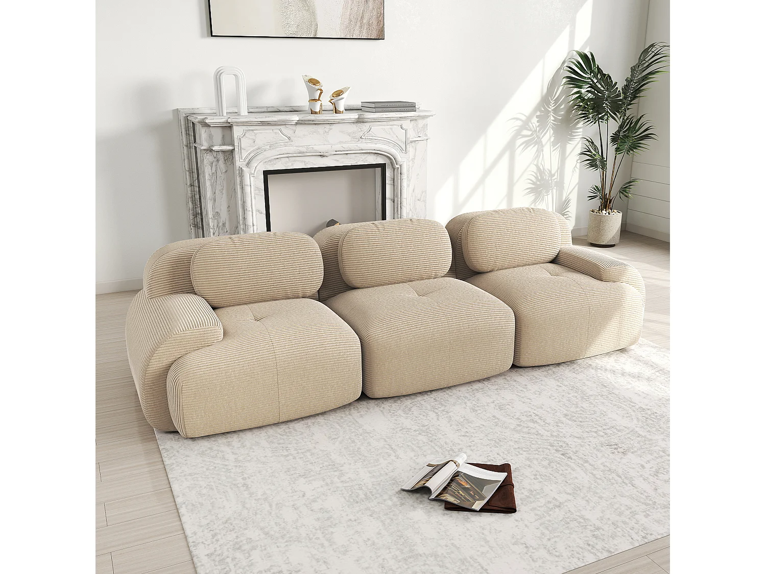 Canapé 3 places avec dossier et accoudoirs rembourrés, velours côtelé beige - pour salon et chambre