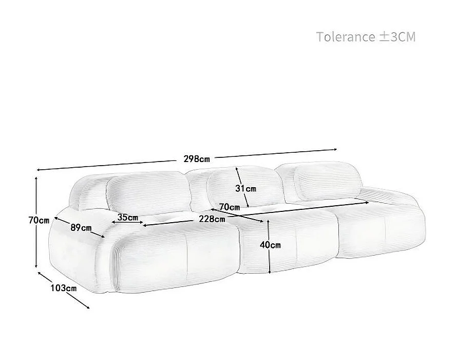 Canapé 3 places avec dossier et accoudoirs rembourrés, velours côtelé beige - pour salon et chambre