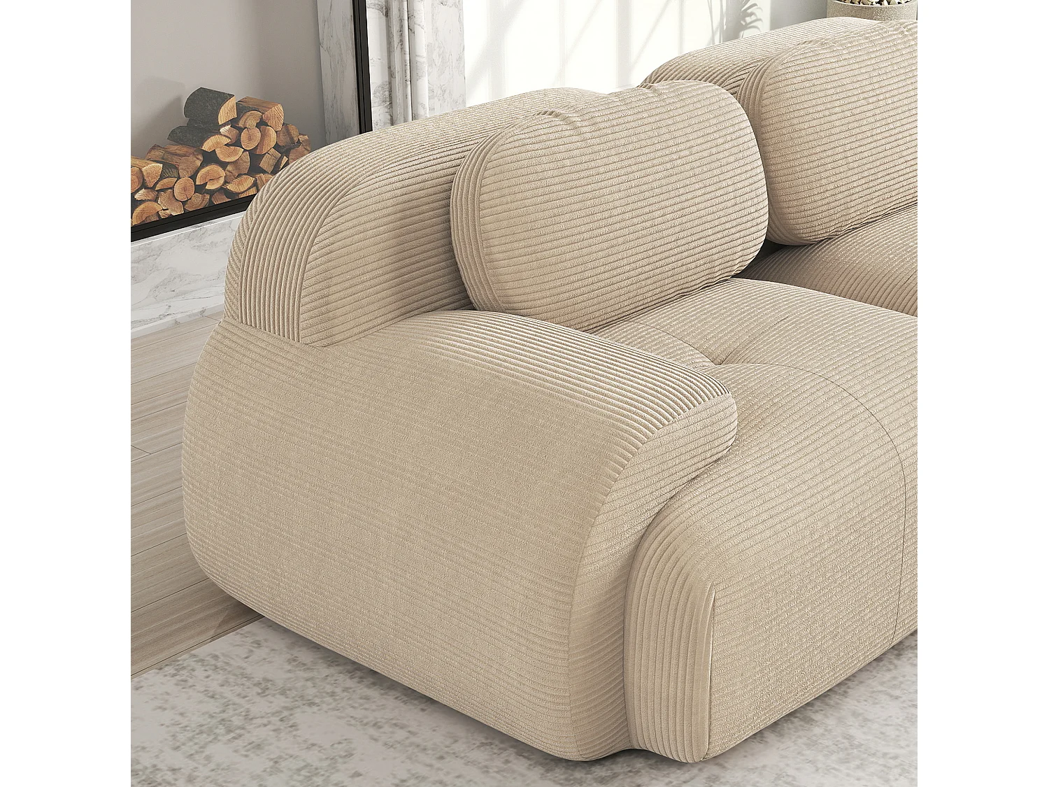 Canapé 3 places avec dossier et accoudoirs rembourrés, velours côtelé beige - pour salon et chambre