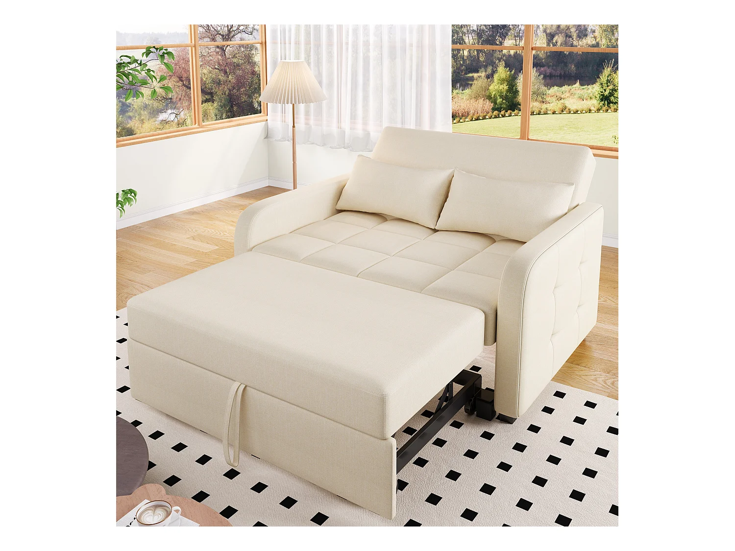 Canapé convertible avec accoudoirs et dossier réglable - lin beige - pour salon et chambre