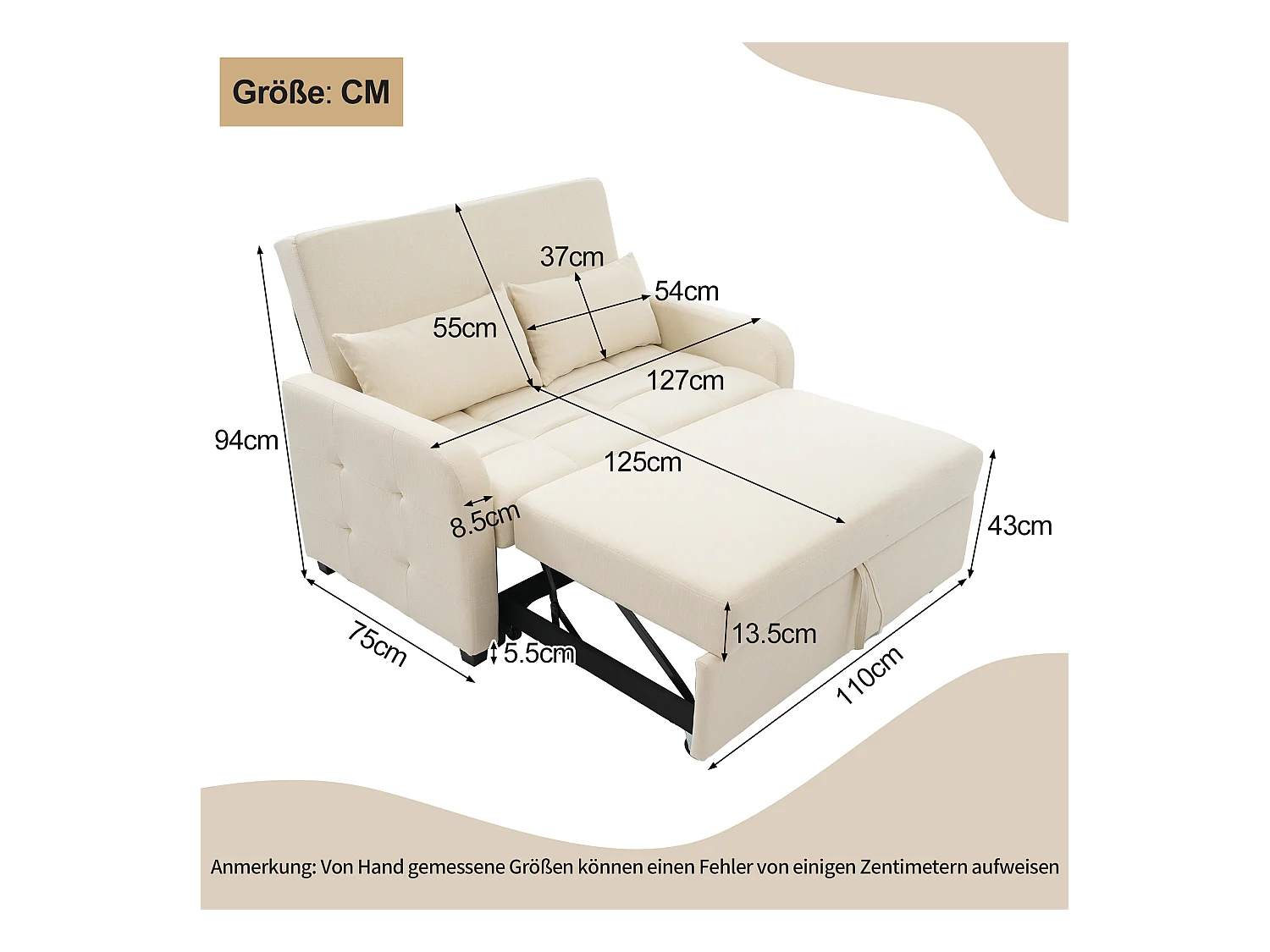 Canapé convertible avec accoudoirs et dossier réglable - lin beige - pour salon et chambre