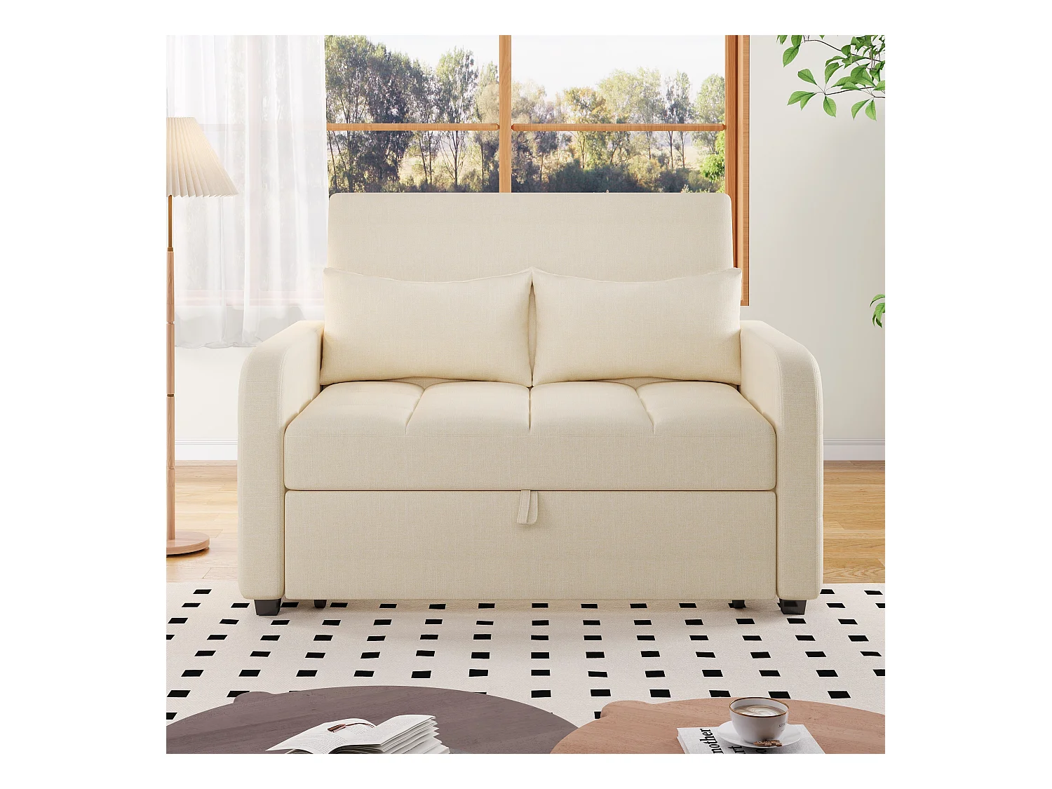 Canapé convertible avec accoudoirs et dossier réglable - lin beige - pour salon et chambre
