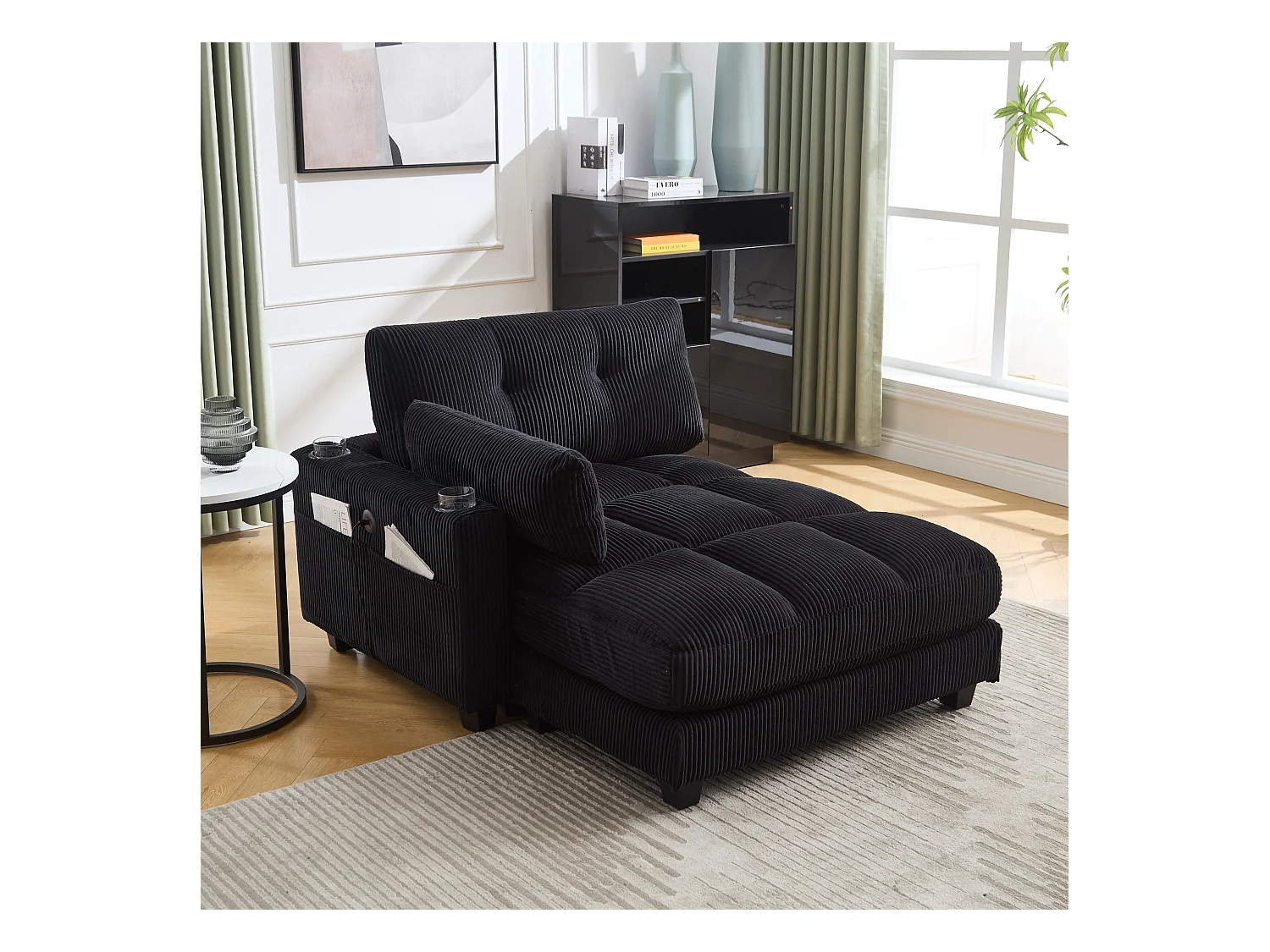 Canapé 1 place avec dossier rembourré, port USB et porte-gobelet - velours côtelé noir