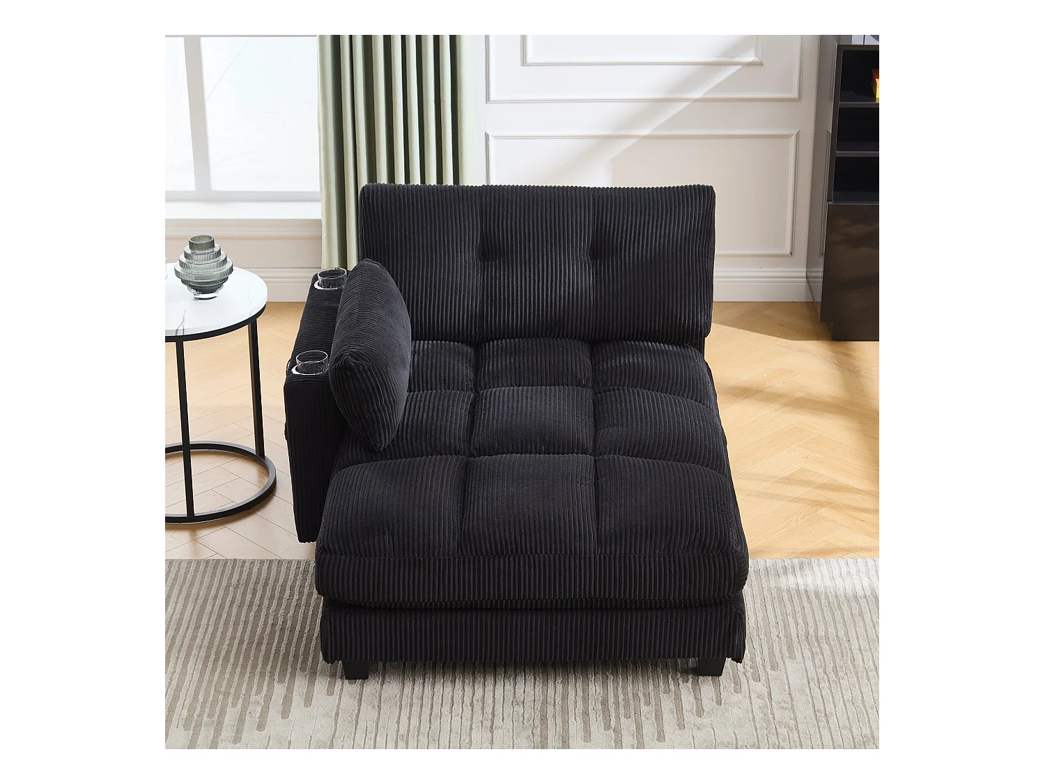 Canapé 1 place avec dossier rembourré, port USB et porte-gobelet - velours côtelé noir