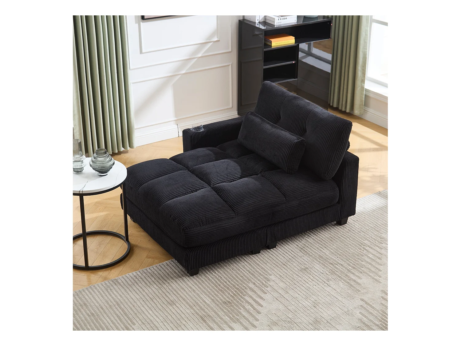 Canapé 1 place avec dossier rembourré, port USB et porte-gobelet - velours côtelé noir