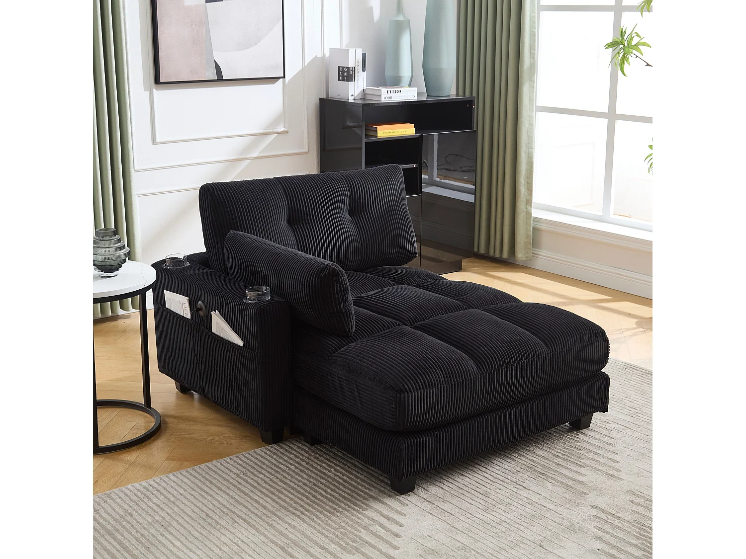 1-Sitzer-Sofa mit gepolsterter Rückenlehne, USB-Anschluss und Getränkehalter – Schwarzer Cord