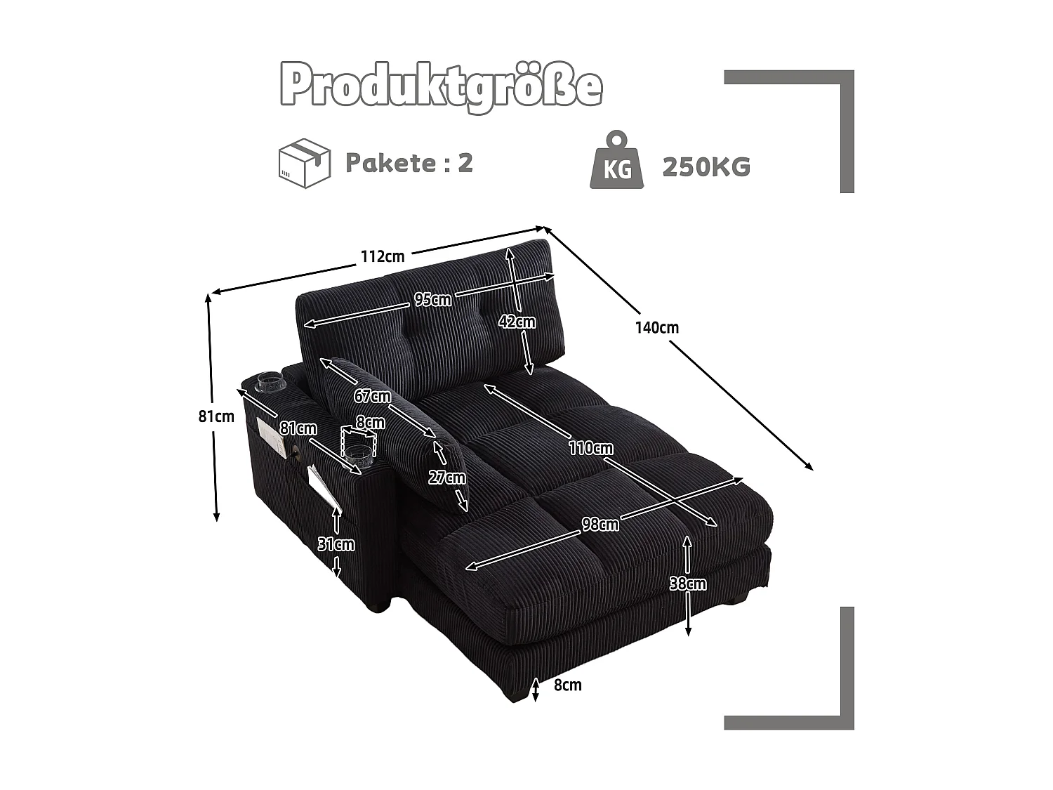 1-Sitzer-Sofa mit gepolsterter Rückenlehne, USB-Anschluss und Getränkehalter – Schwarzer Cord