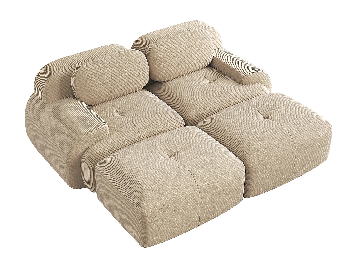 Canapé 2 places en velours côtelé avec accoudoirs et repose-pieds, beige - pour salon et chambre