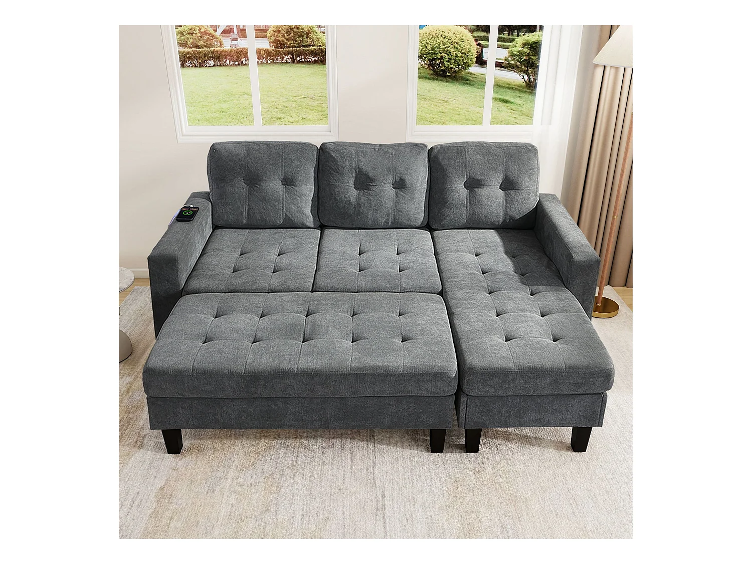 Canapé 3 places avec bande lumineuse LED et port USB, repose-pieds mobile - Chenille grise