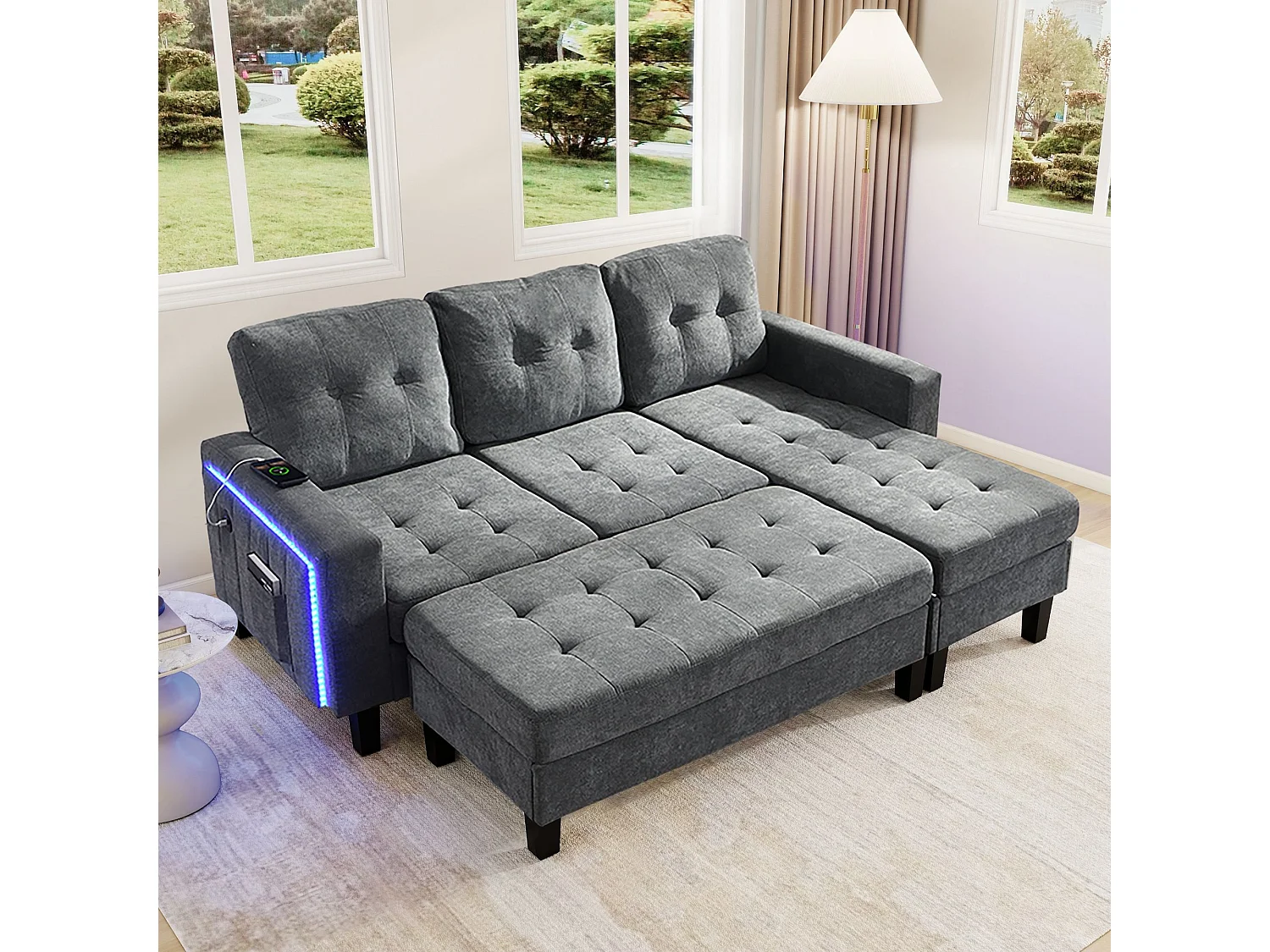 Sofa 3-osobowa z paskiem świetlnym LED i portem USB, mobilny podnóżek – szara szenilowa
