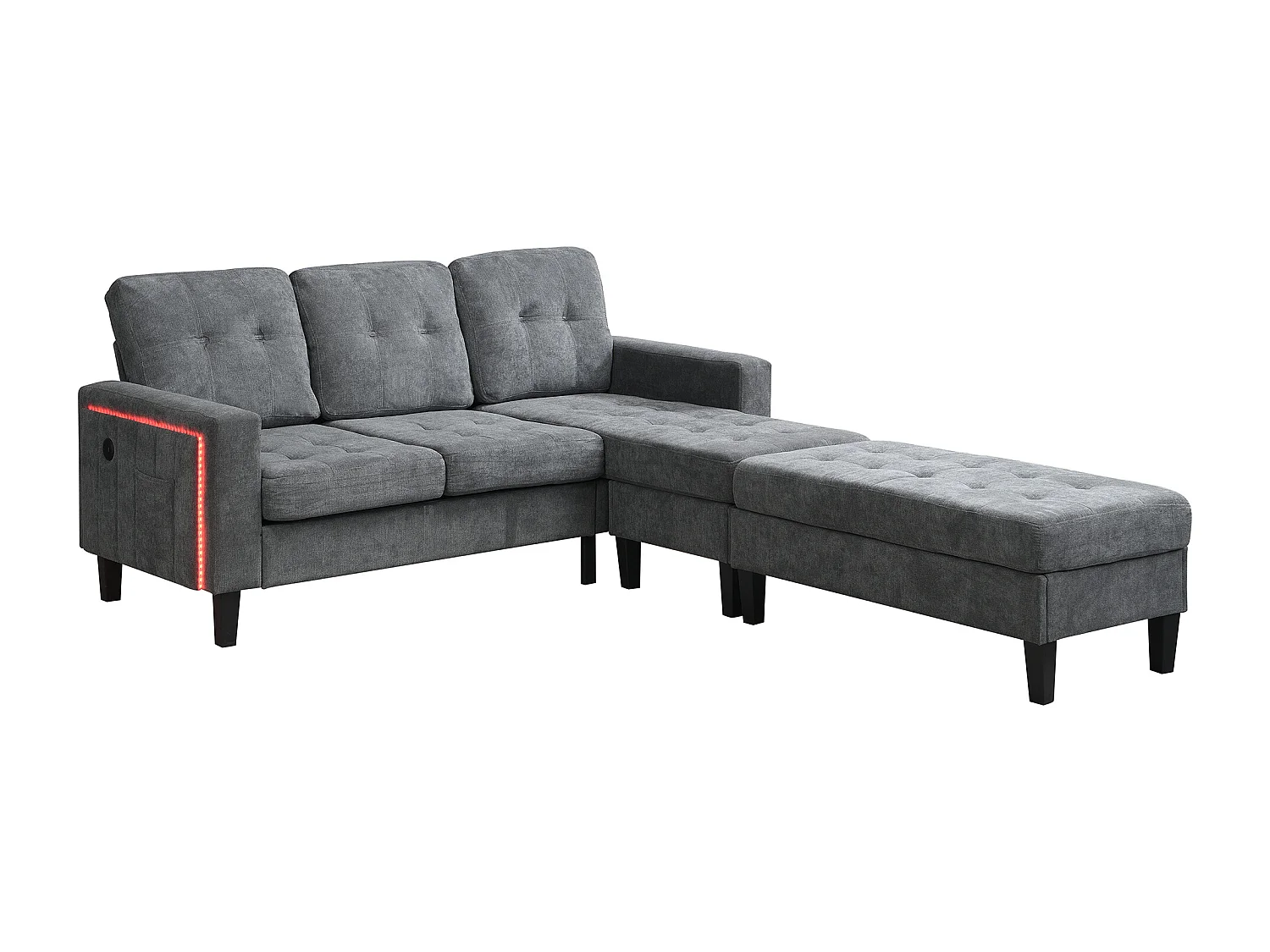 Sofa 3-osobowa z paskiem świetlnym LED i portem USB, mobilny podnóżek – szara szenilowa