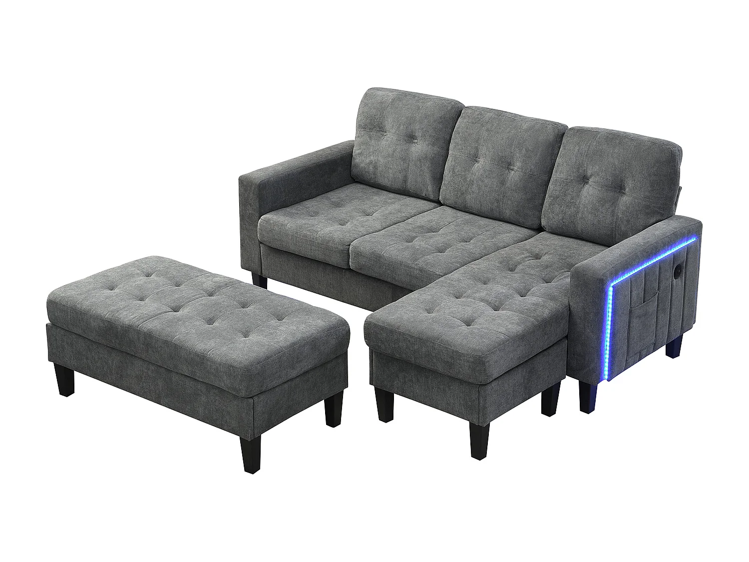 Sofa 3-osobowa z paskiem świetlnym LED i portem USB, mobilny podnóżek – szara szenilowa
