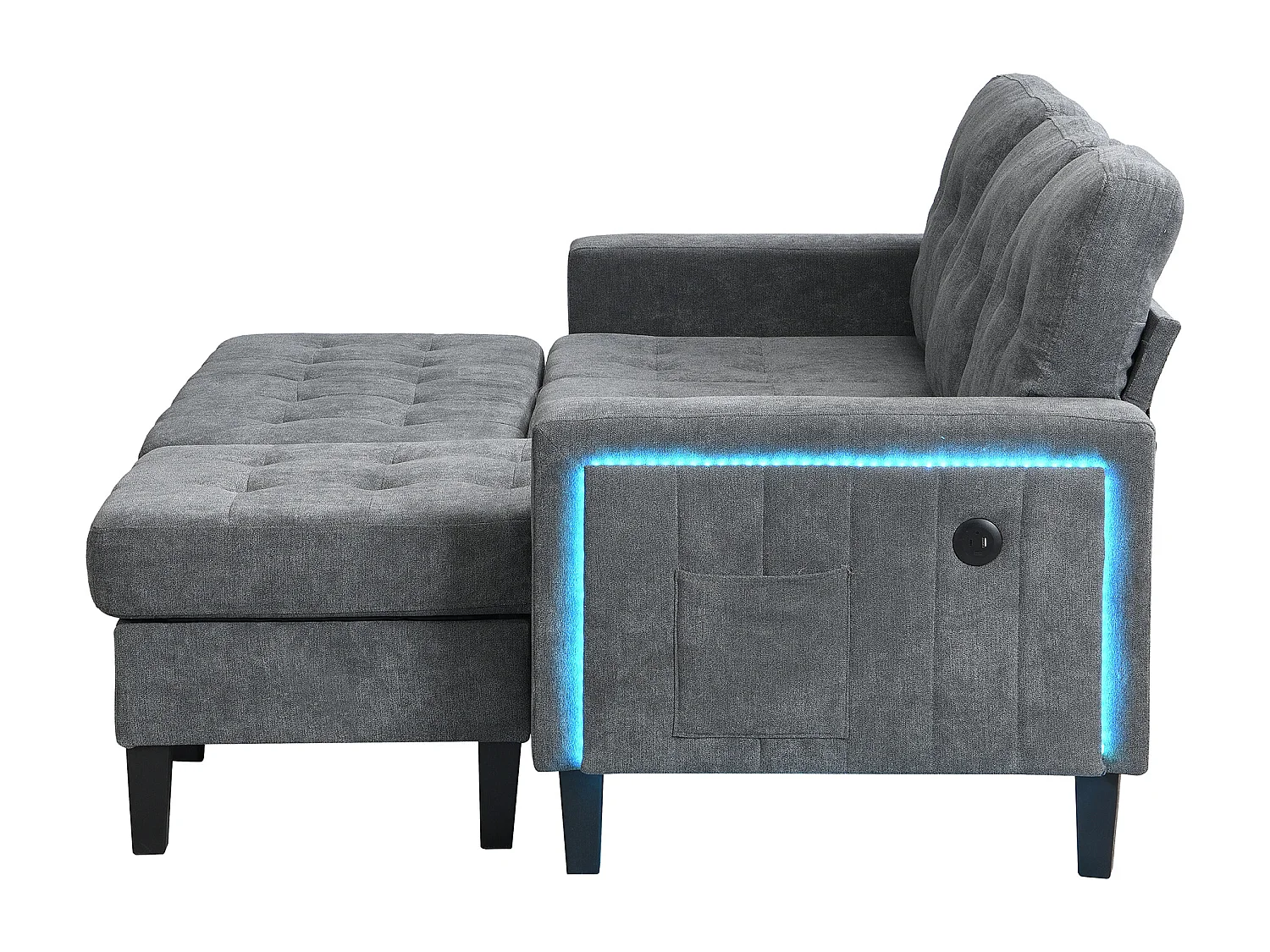 Sofa 3-osobowa z paskiem świetlnym LED i portem USB, mobilny podnóżek – szara szenilowa